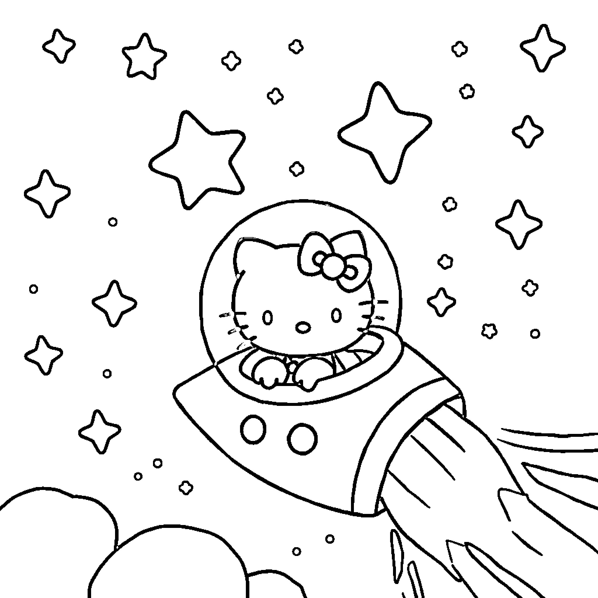 Hello Kitty exploring the cosmos in a rocket ship Coloring Page (free black-and-white line drawing printable PDF for all, from beginners to advanced learners, including children, teens, adults, and seniors)