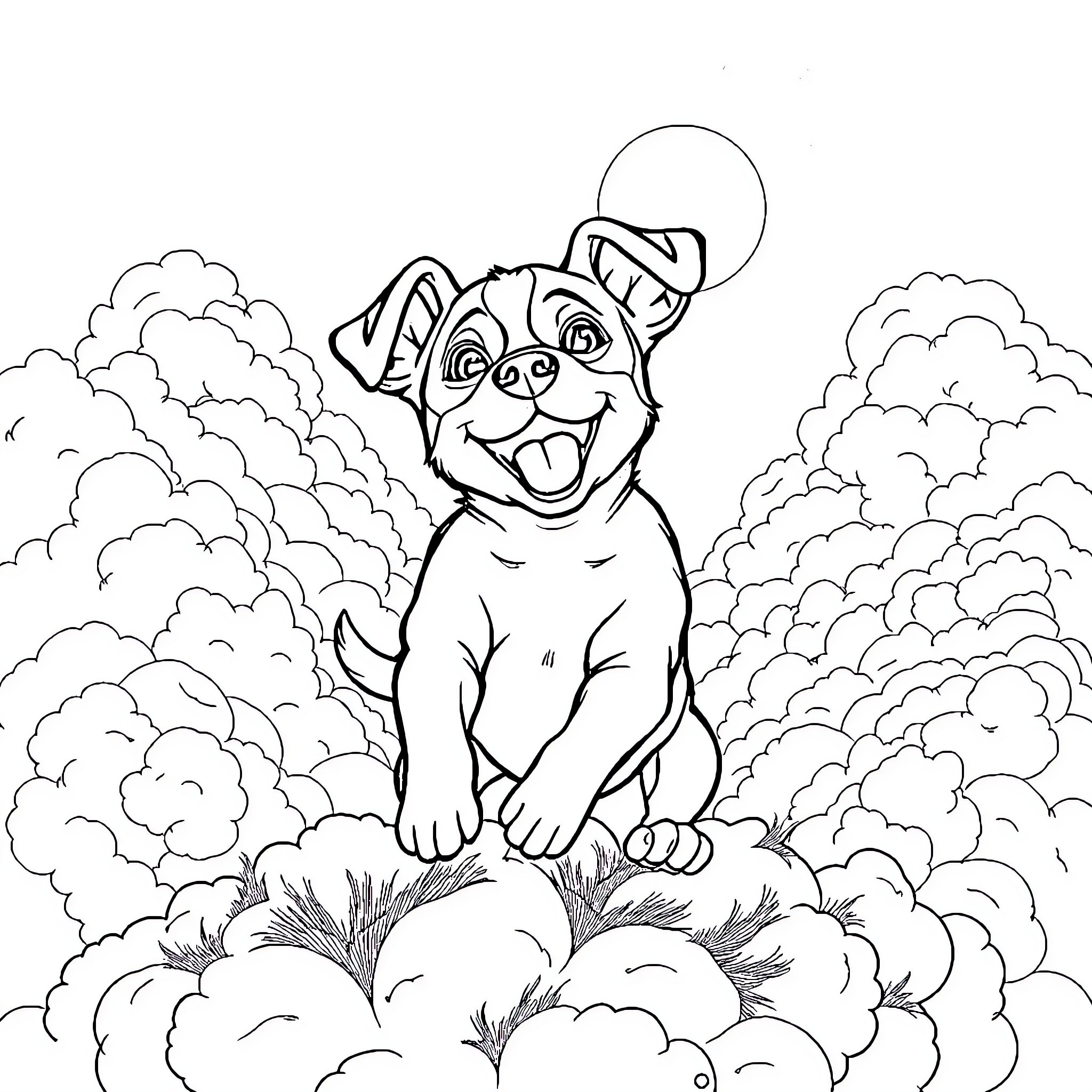 Jack Russell dog playing happily in clouds Coloring Page (free black-and-white line drawing printable PDF for all, from beginners to advanced learners, including children, teens, adults, and seniors)