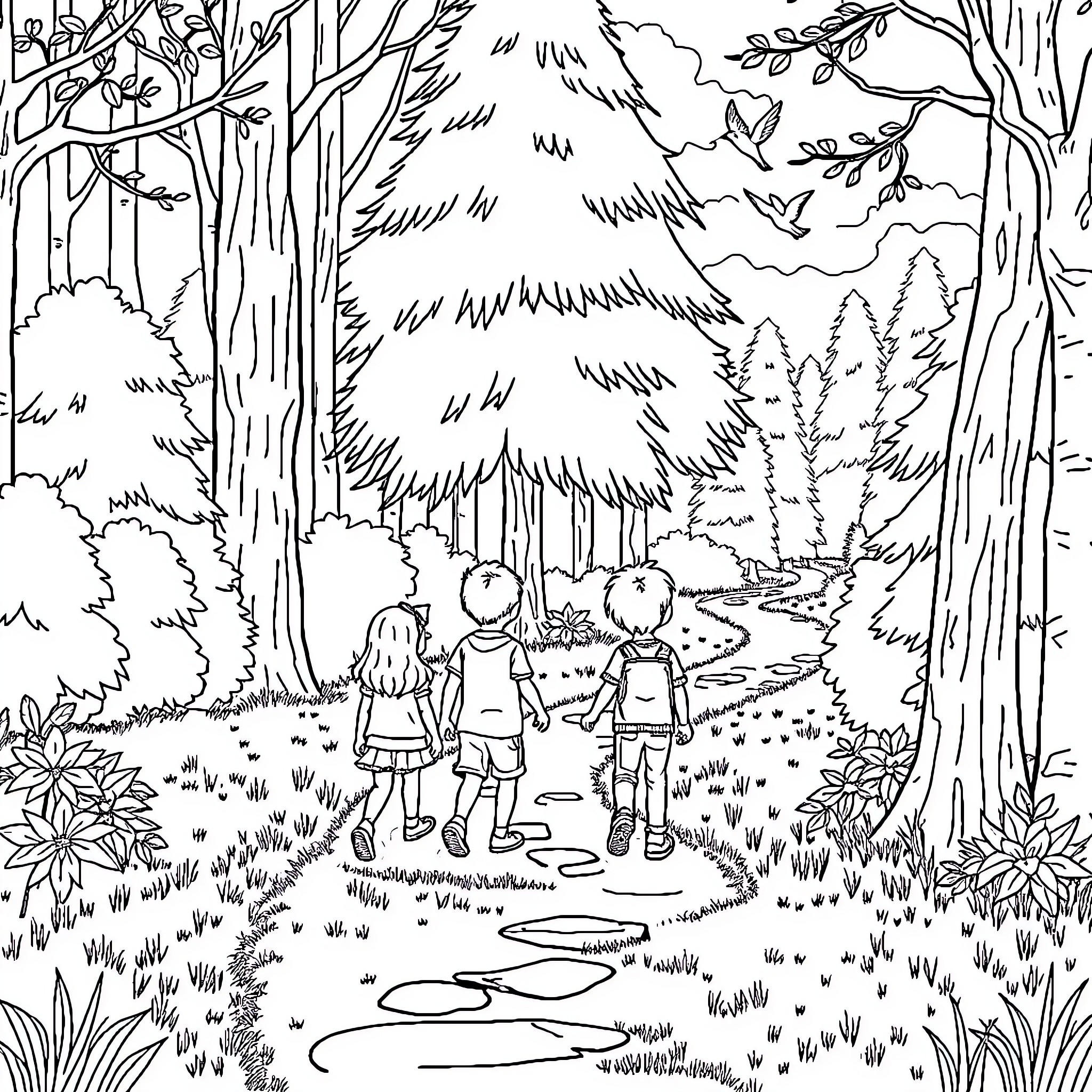 Kid hiking through the enchanting forest Coloring Page (free black-and-white line drawing printable PDF for all, from beginners to advanced learners, including children, teens, adults, and seniors)