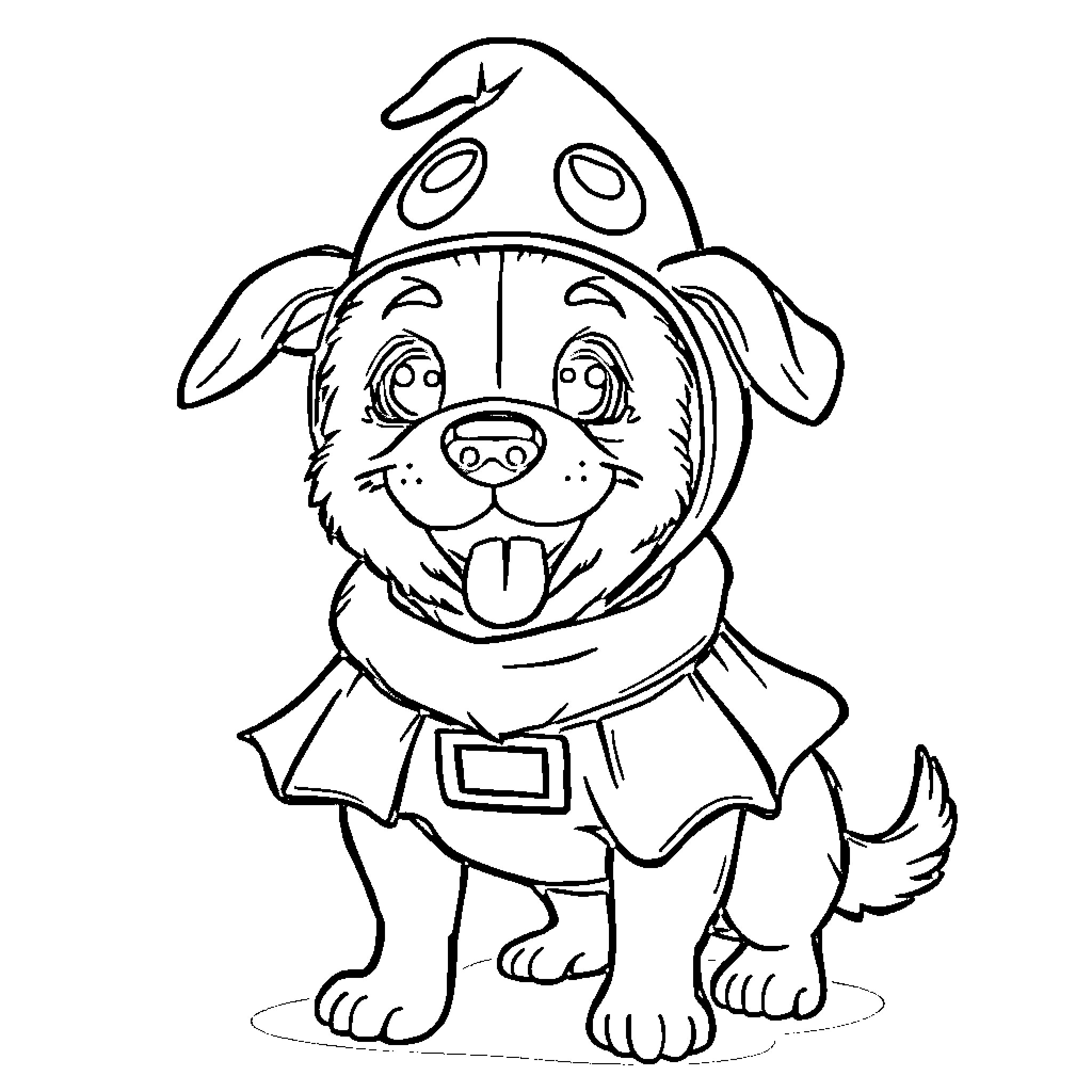 Dog wearing a cute costume with a happy expression Coloring Page (free black-and-white line drawing printable PDF for all, from beginners to advanced learners, including children, teens, adults, and seniors)