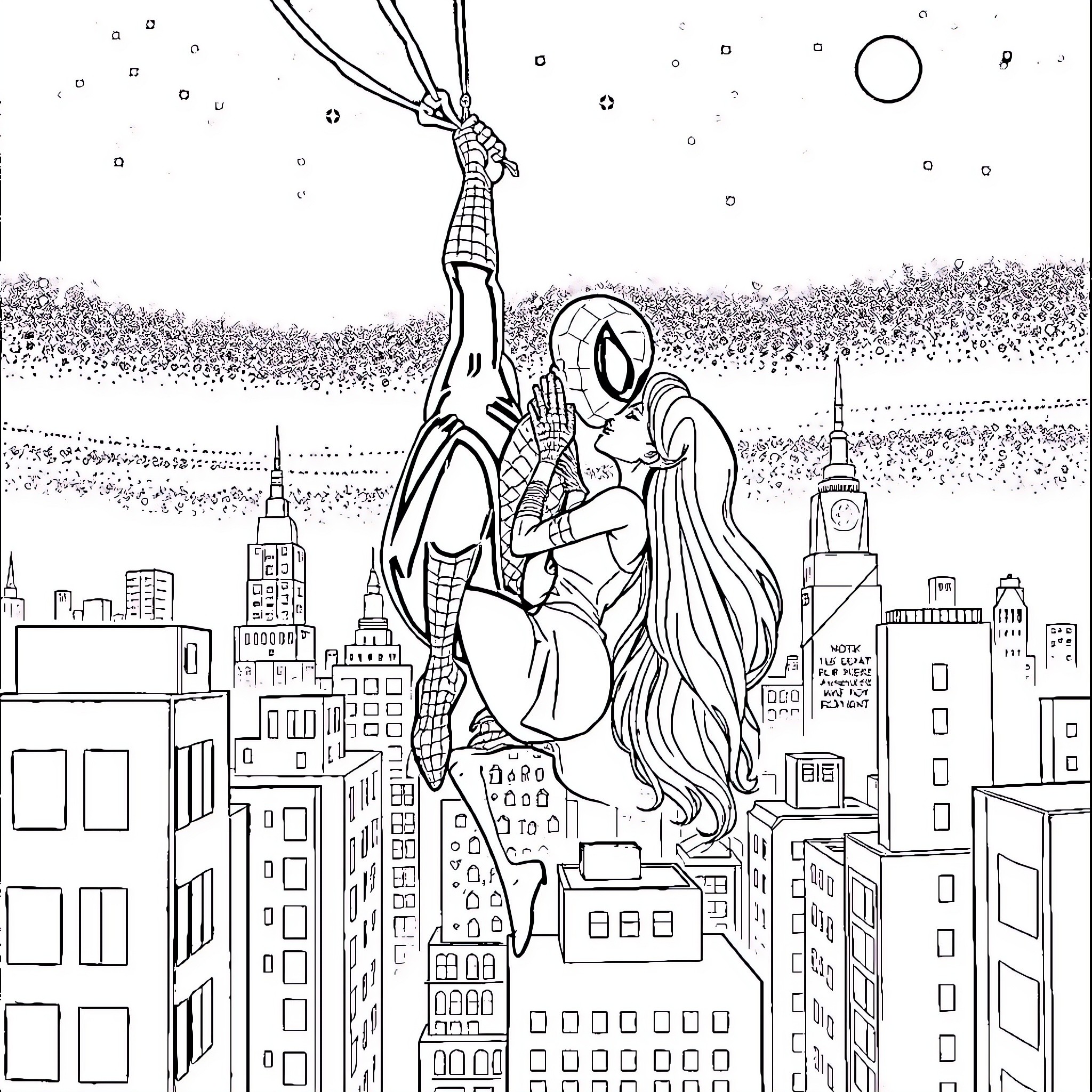Spiderman swinging through the city skyline Coloring Page (free black-and-white line drawing printable PDF for all, from beginners to advanced learners, including children, teens, adults, and seniors)