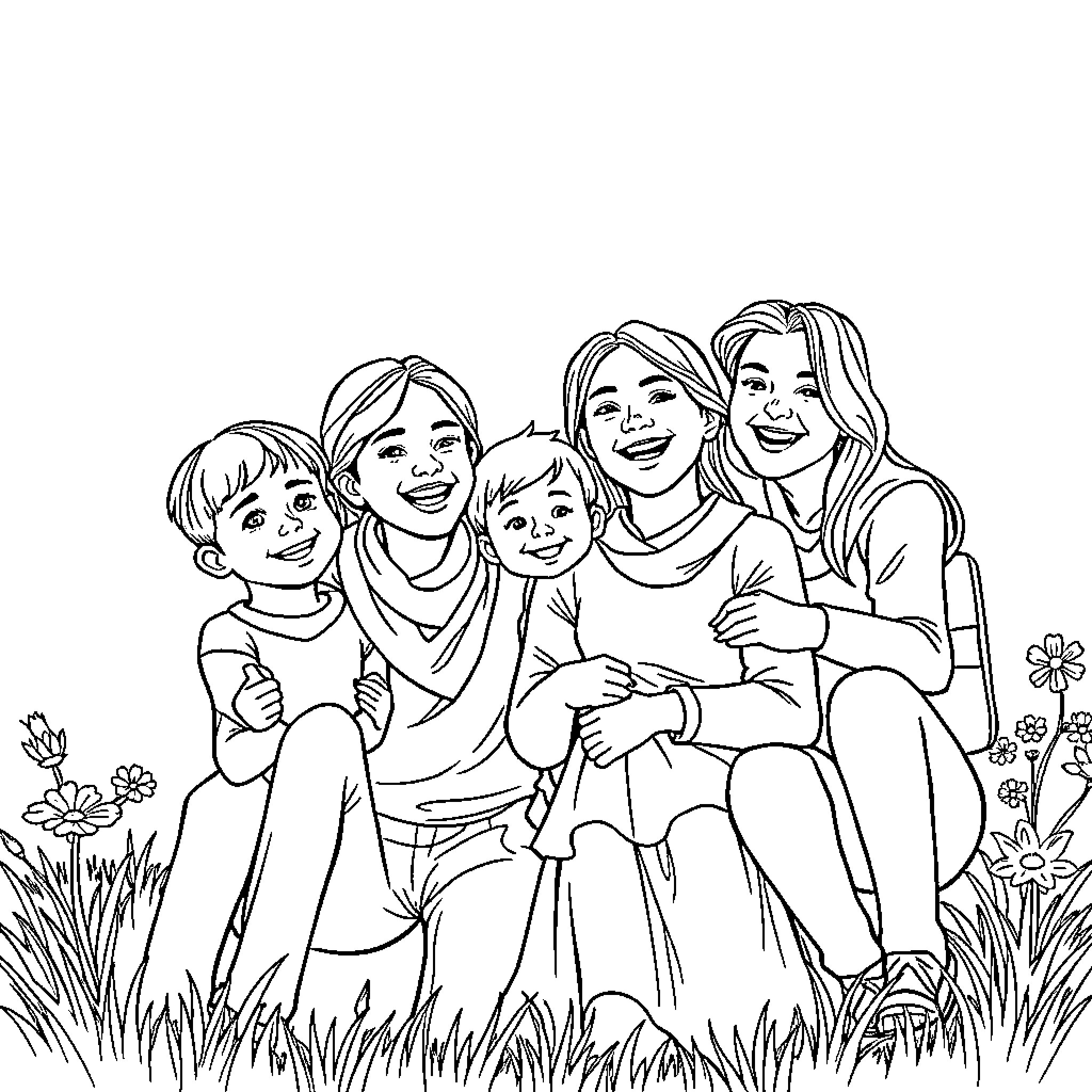 Family Enjoying a Sunny Day Outdoors Coloring Page (free black-and-white line drawing printable PDF for all, from beginners to advanced learners, including children, teens, adults, and seniors)