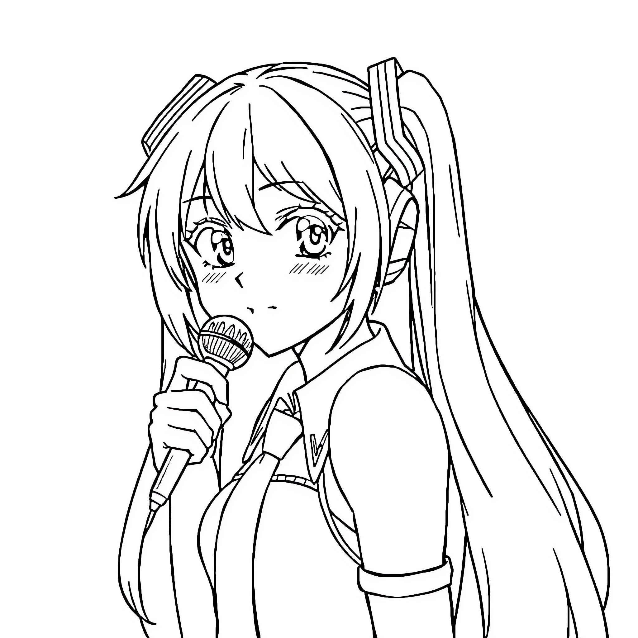 Hatsune Miku Singing into a Microphone Coloring Page (free black-and-white line drawing printable PDF for all, from beginners to advanced learners, including children, teens, adults, and seniors)