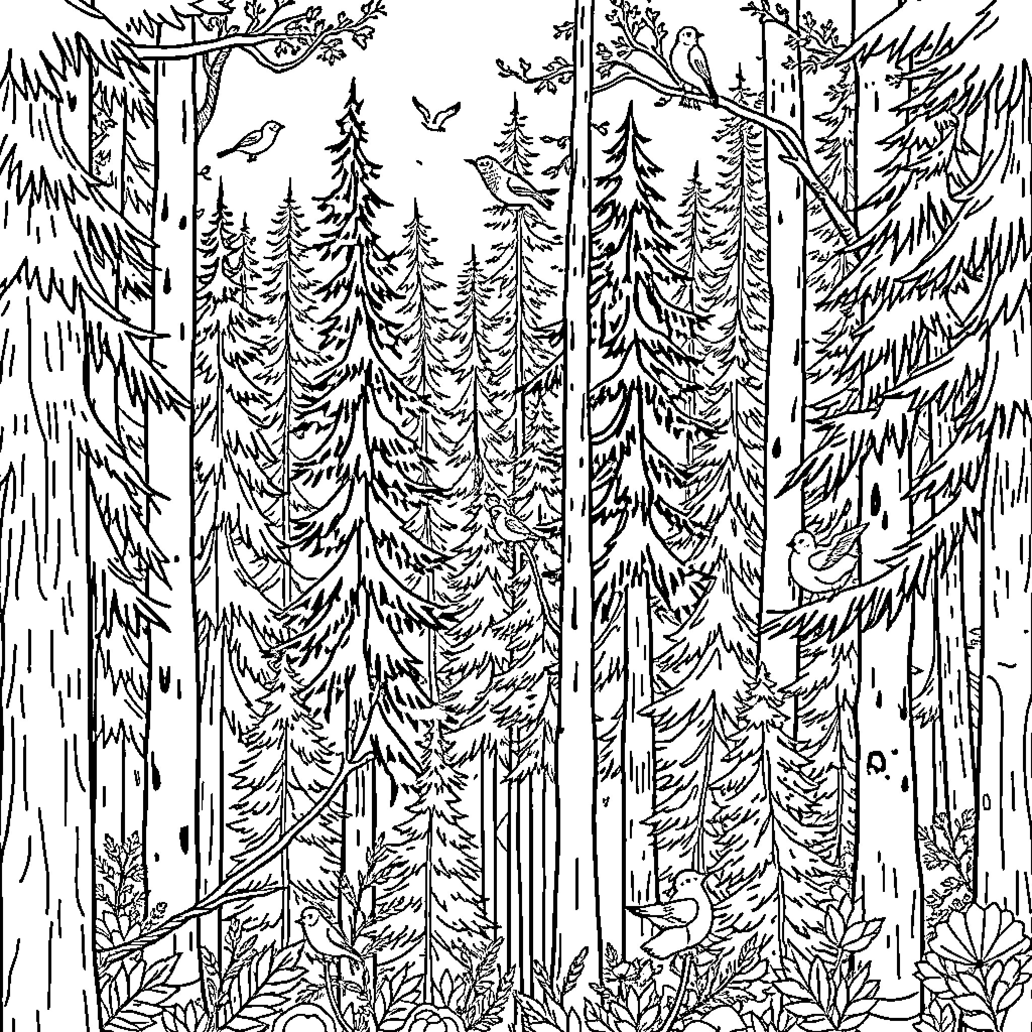 Forest scene with trees and wildlife Coloring Page (free black-and-white line drawing printable PDF for all, from beginners to advanced learners, including children, teens, adults, and seniors)