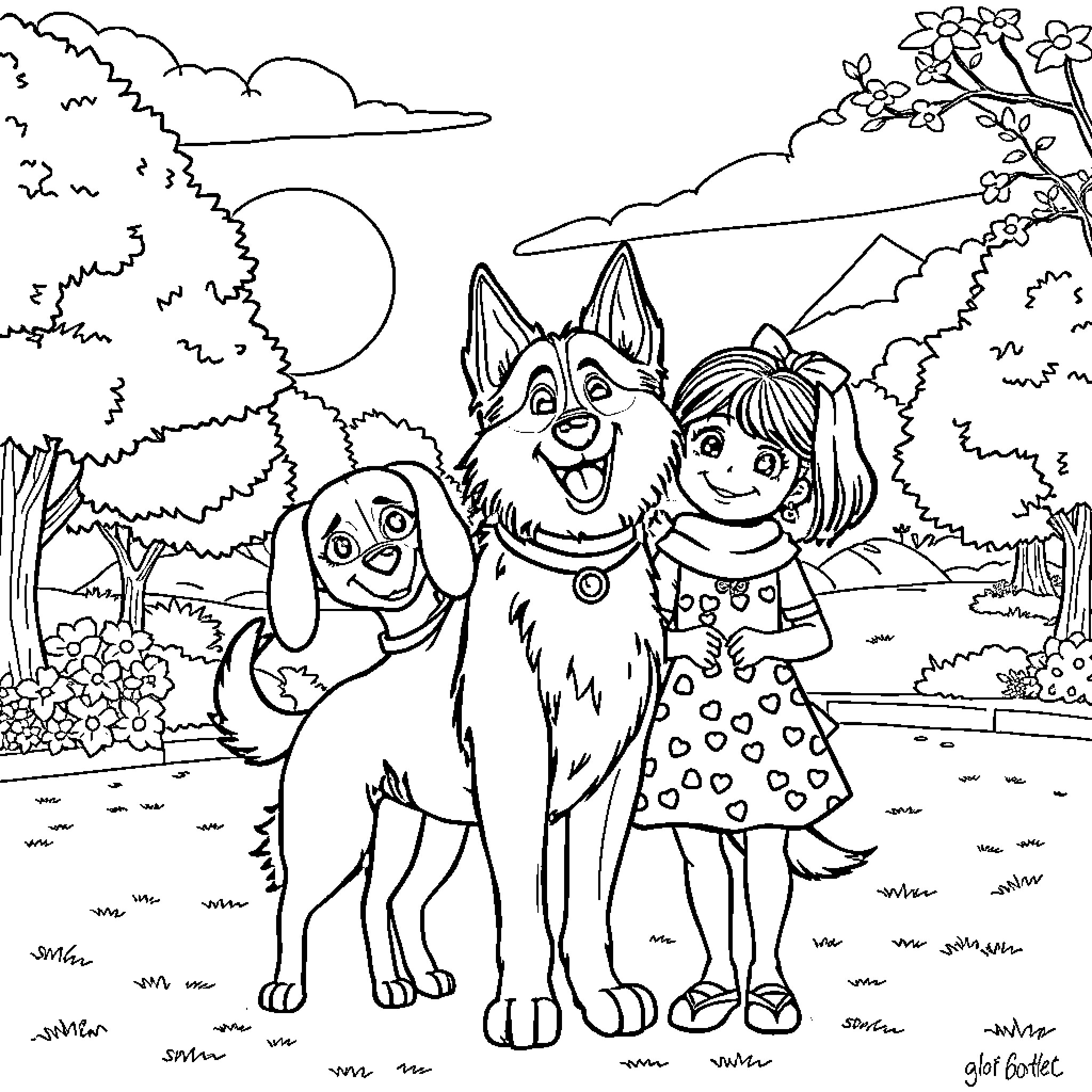 Rumi and her pet dog enjoying nature Coloring Page (free black-and-white line drawing printable PDF for all, from beginners to advanced learners, including children, teens, adults, and seniors)