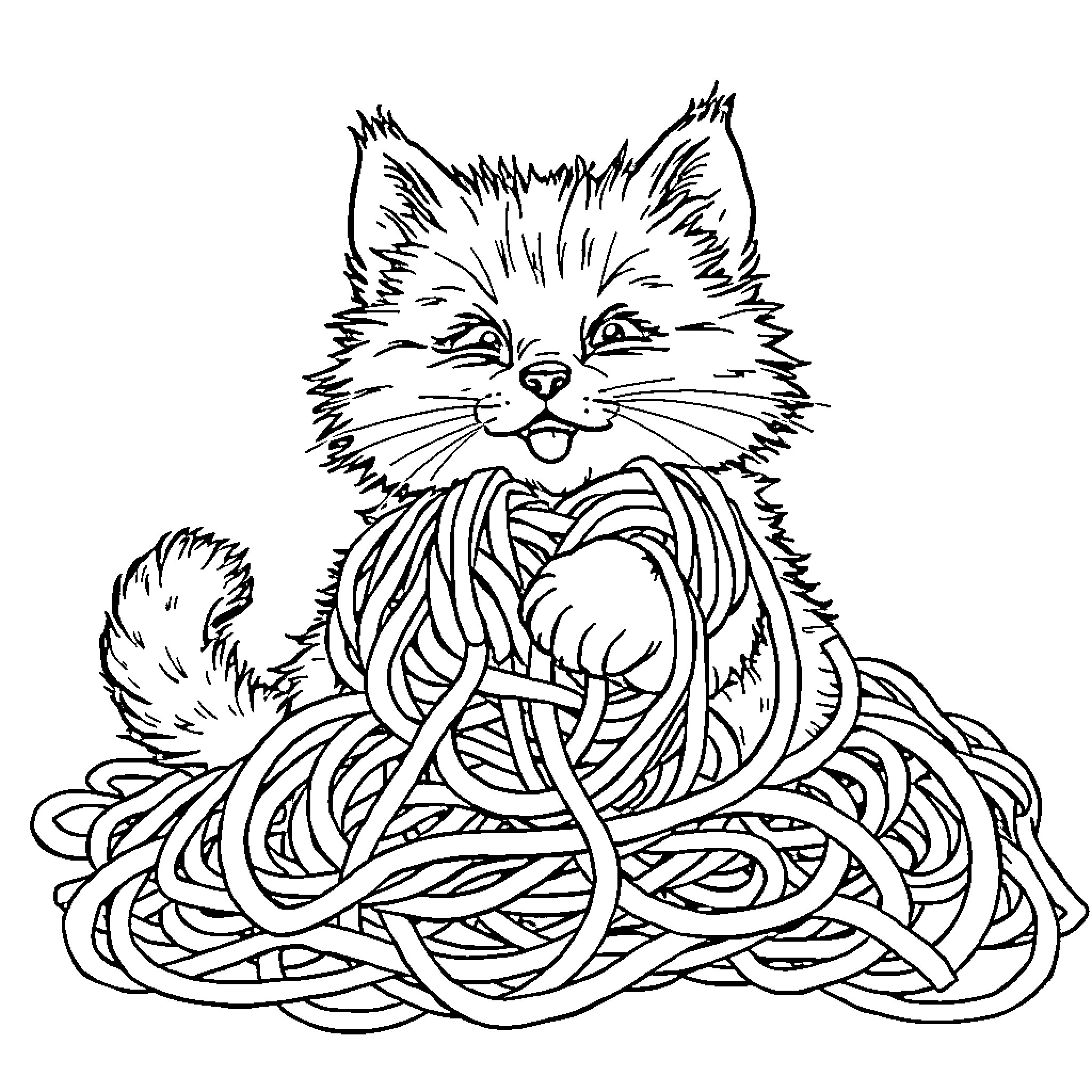 Cat entangled in a ball of yarn Coloring Page (free black-and-white line drawing printable PDF for all, from beginners to advanced learners, including children, teens, adults, and seniors)