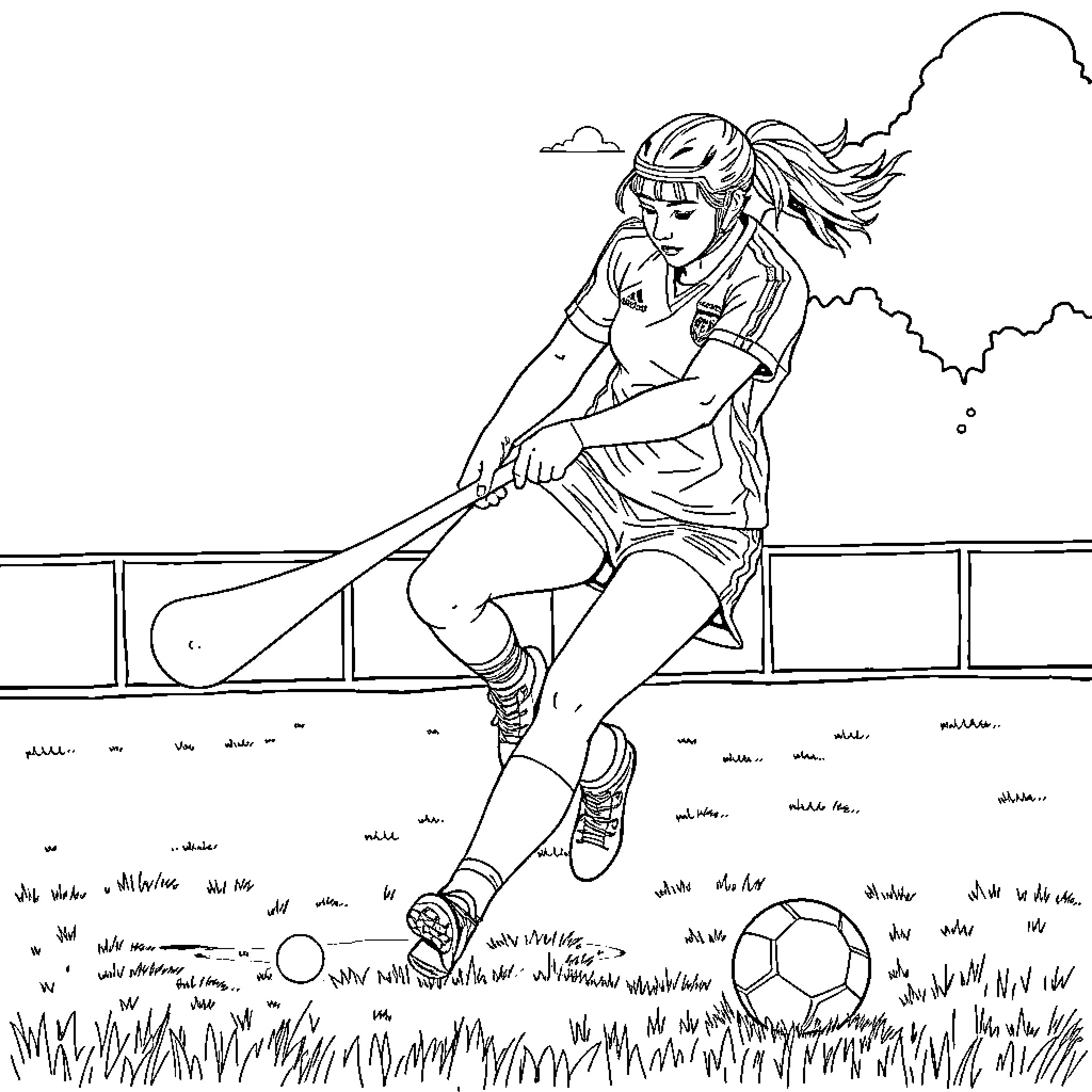 Camogie Player Dribbling the Ball on the Field Coloring Page (free black-and-white line drawing printable PDF for all, from beginners to advanced learners, including children, teens, adults, and seniors)