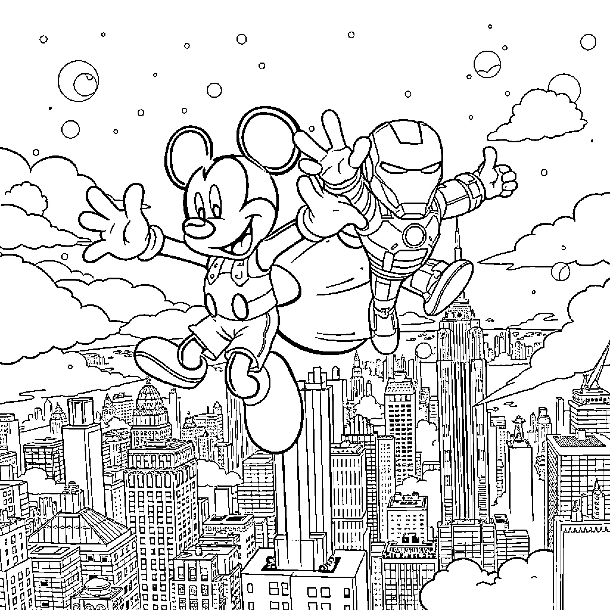 Mickey and Iron Man explore the city skyline Coloring Page (free black-and-white line drawing printable PDF for all, from beginners to advanced learners, including children, teens, adults, and seniors)
