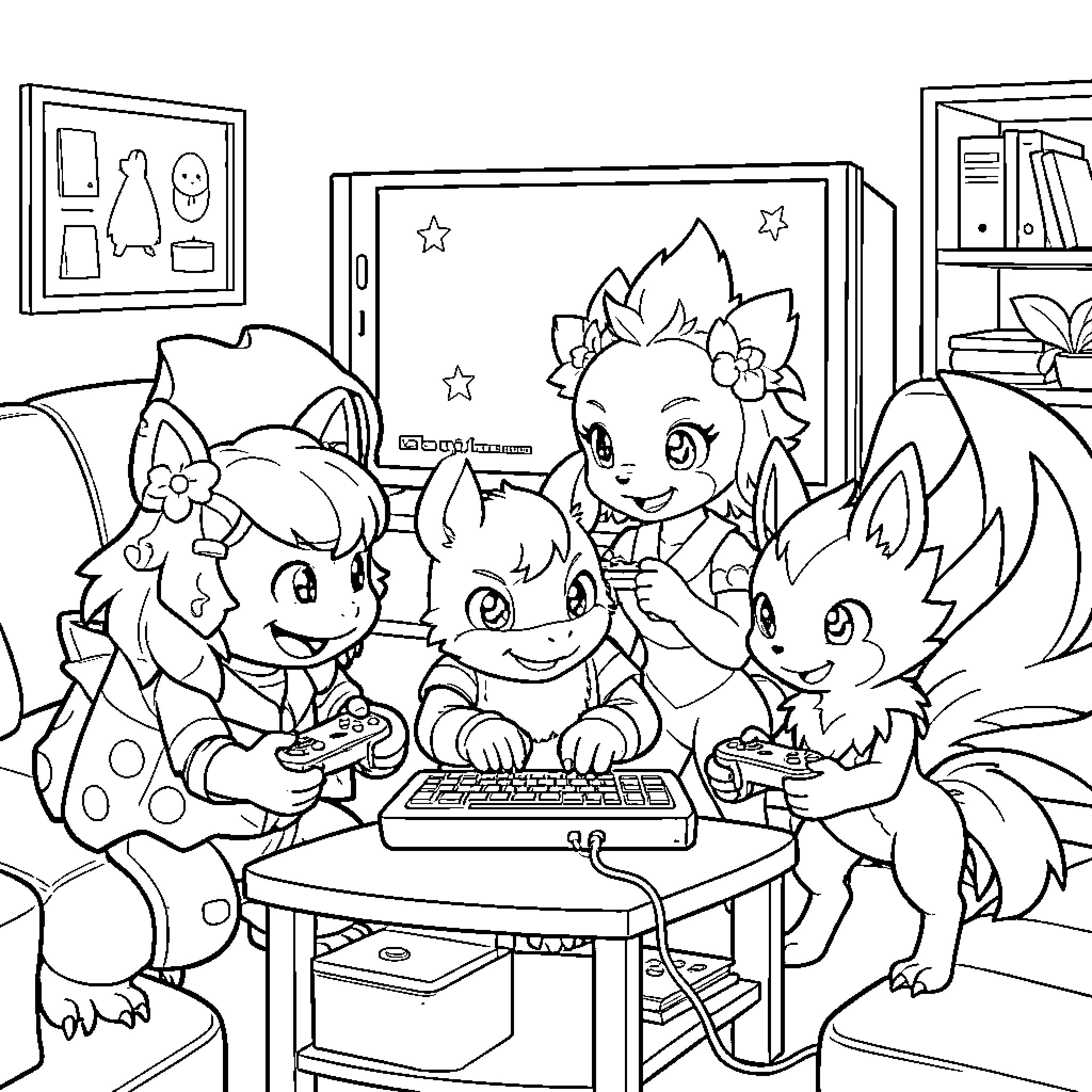 Tortank characters playing video games together on a couch Coloring Page (free black-and-white line drawing printable PDF for all, from beginners to advanced learners, including children, teens, adults, and seniors)
