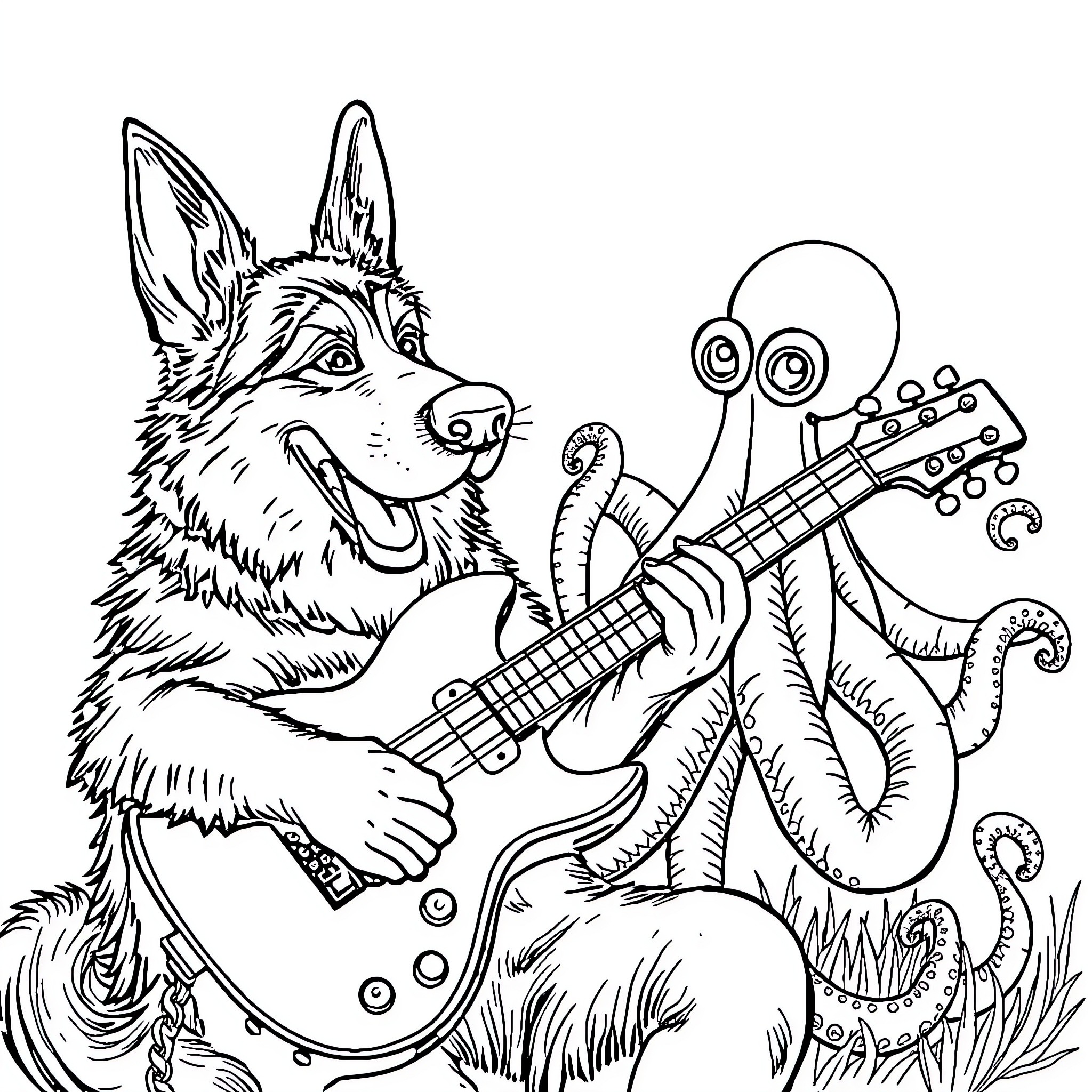 German Shepherd playing electric guitar in nature Coloring Page (free black-and-white line drawing printable PDF for all, from beginners to advanced learners, including children, teens, adults, and seniors)