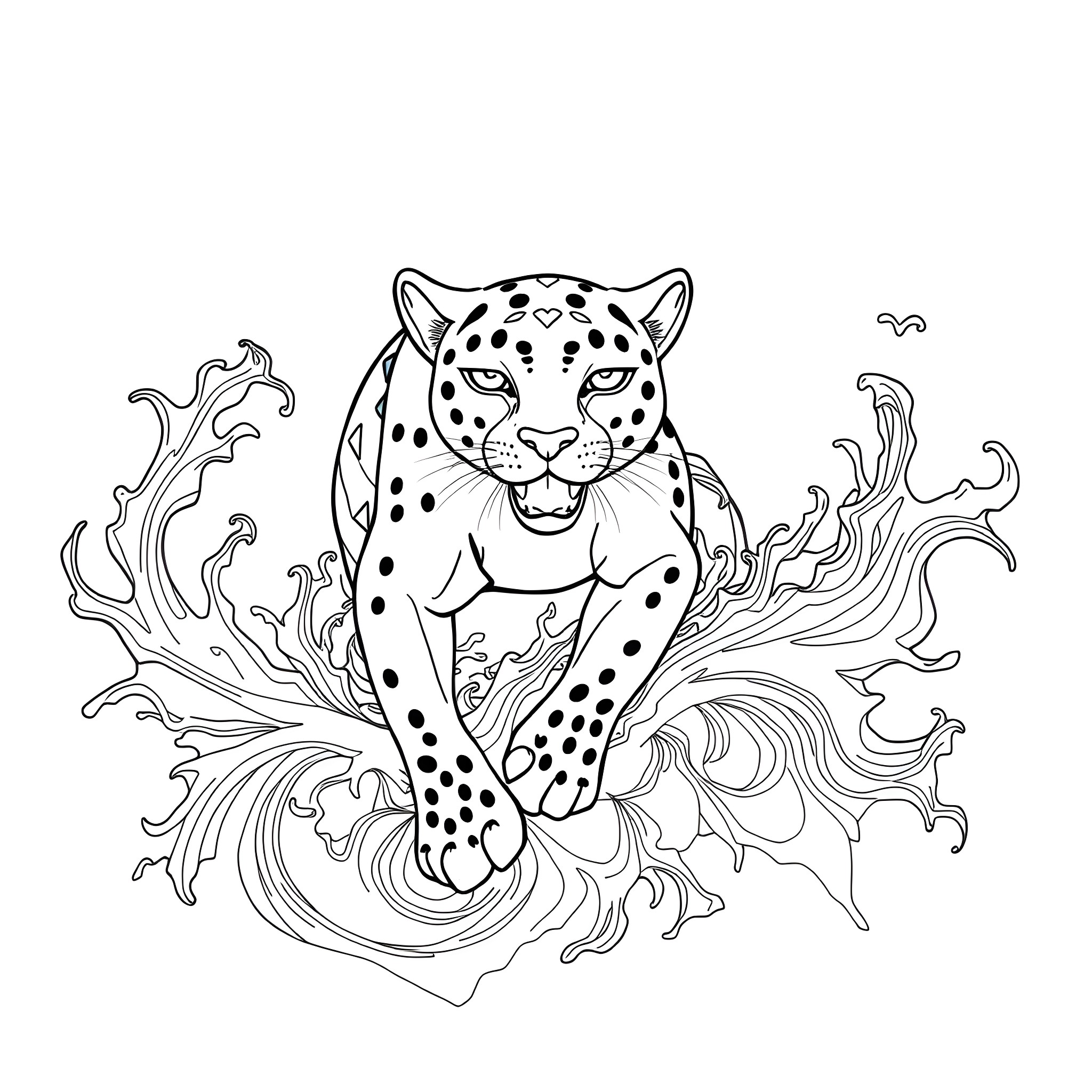 Mishipeshu - Majestic Jaguar Prowling Among Swirling Waves Coloring Page (free black-and-white line drawing printable PDF for all, from beginners to advanced learners, including children, teens, adults, and seniors)