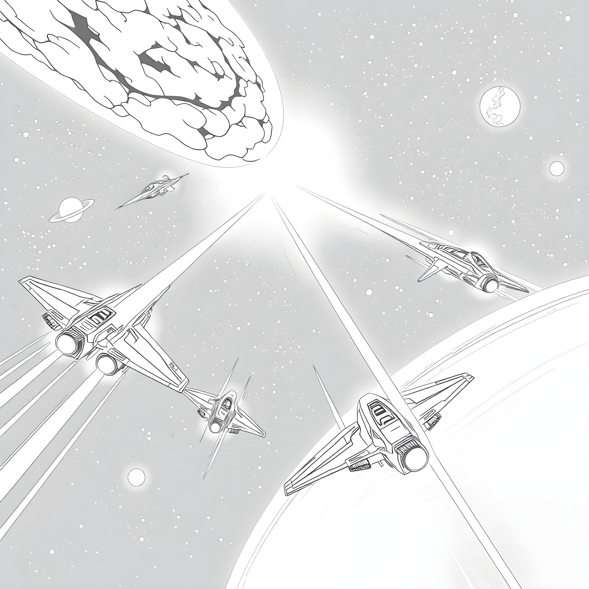 Star Wars Starfighters soaring through the cosmos Coloring Page (free black-and-white line drawing printable PDF for all, from beginners to advanced learners, including children, teens, adults, and seniors)