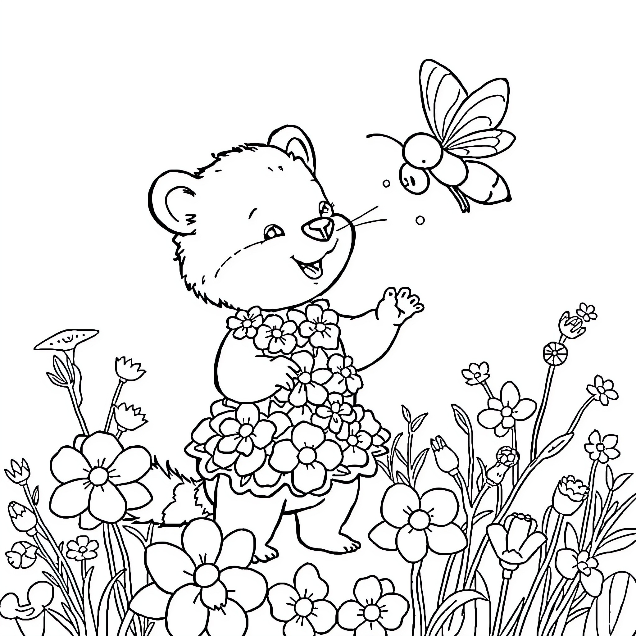 Bear playing happily with butterfly among flowers Coloring Page (free black-and-white line drawing printable PDF for all, from beginners to advanced learners, including children, teens, adults, and seniors)