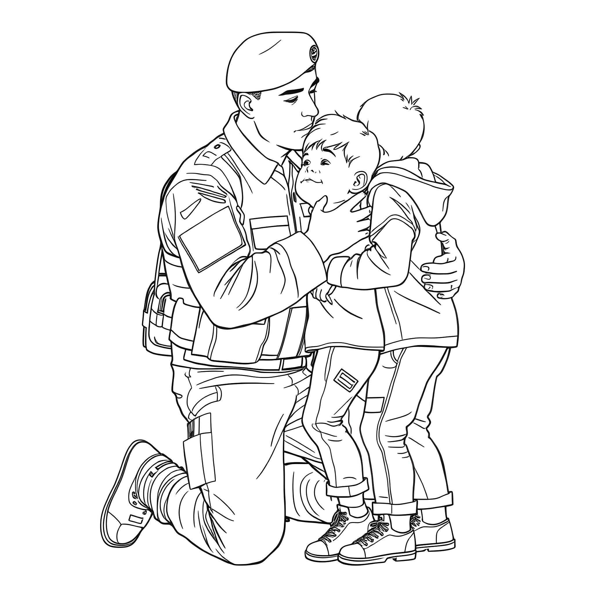 Soldier comforting a child in uniform Coloring Page (free black-and-white line drawing printable PDF for all, from beginners to advanced learners, including children, teens, adults, and seniors)