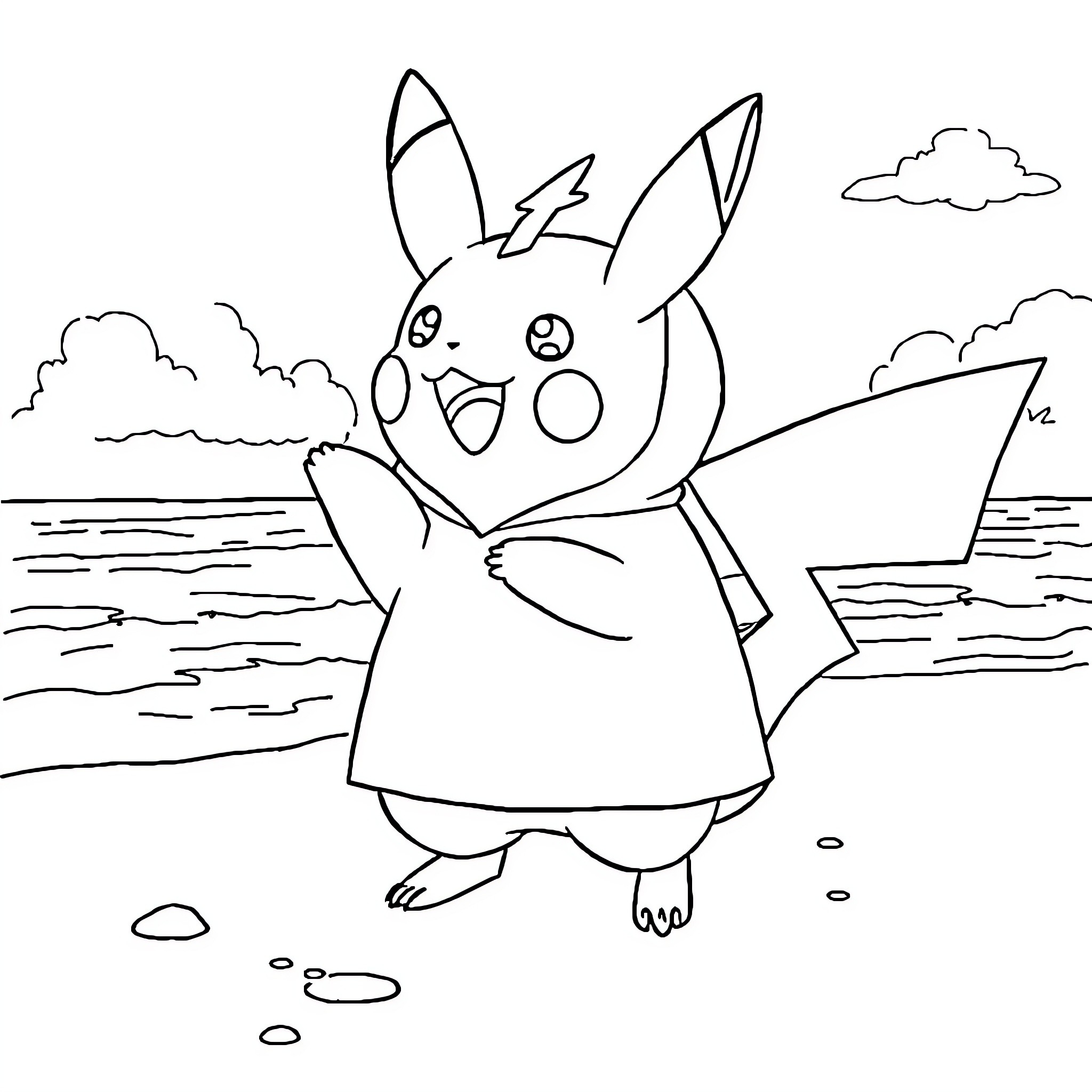 Pikachu enjoying the beach scenery Coloring Page (free black-and-white line drawing printable PDF for all, from beginners to advanced learners, including children, teens, adults, and seniors)