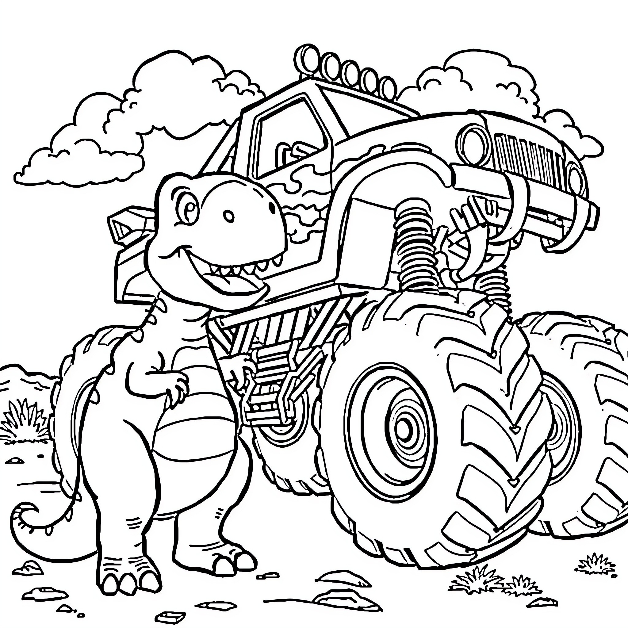Dino riding a monster truck through the countryside Coloring Page (free black-and-white line drawing printable PDF for all, from beginners to advanced learners, including children, teens, adults, and seniors)