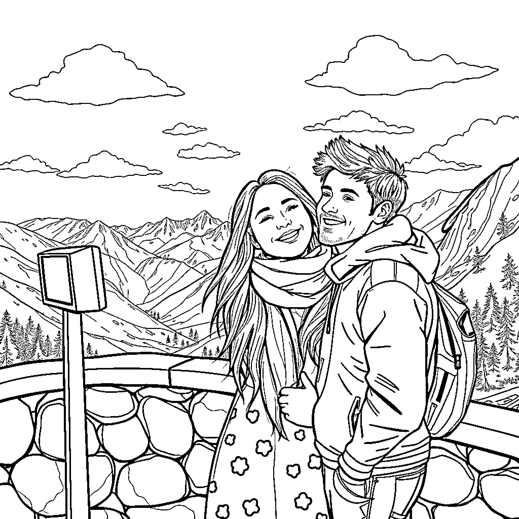 Pareja in the mountains taking a selfie Coloring Page (free black-and-white line drawing printable PDF for all, from beginners to advanced learners, including children, teens, adults, and seniors)