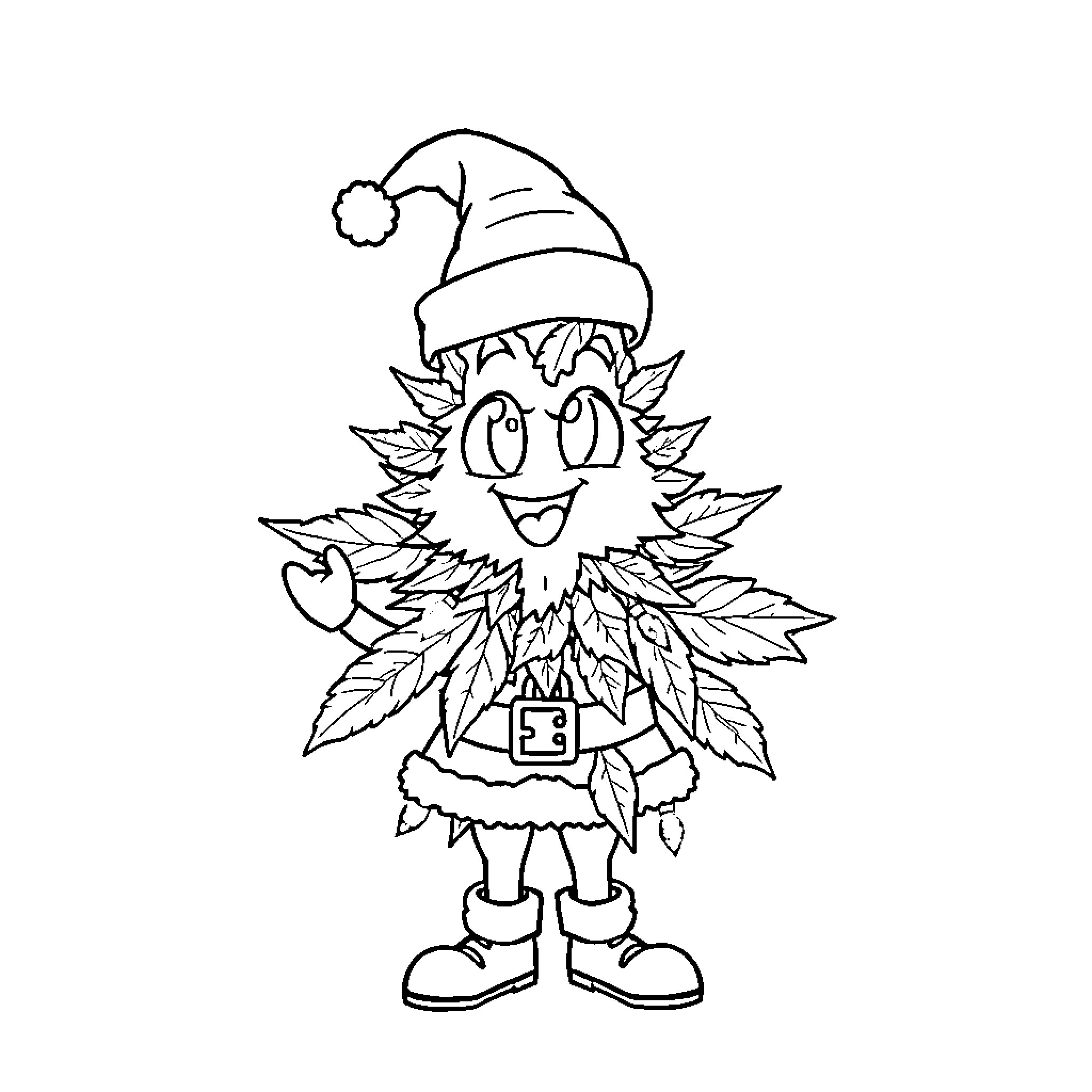 Cannabis Cartoon Character Wearing Santa Hat Coloring Page (free black-and-white line drawing printable PDF for all, from beginners to advanced learners, including children, teens, adults, and seniors)