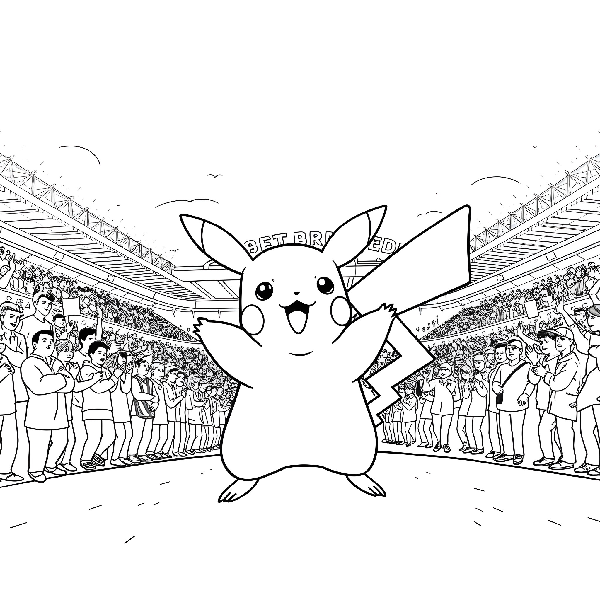 Pikachu energetically celebrating in a sports stadium Coloring Page (free black-and-white line drawing printable PDF for all, from beginners to advanced learners, including children, teens, adults, and seniors)