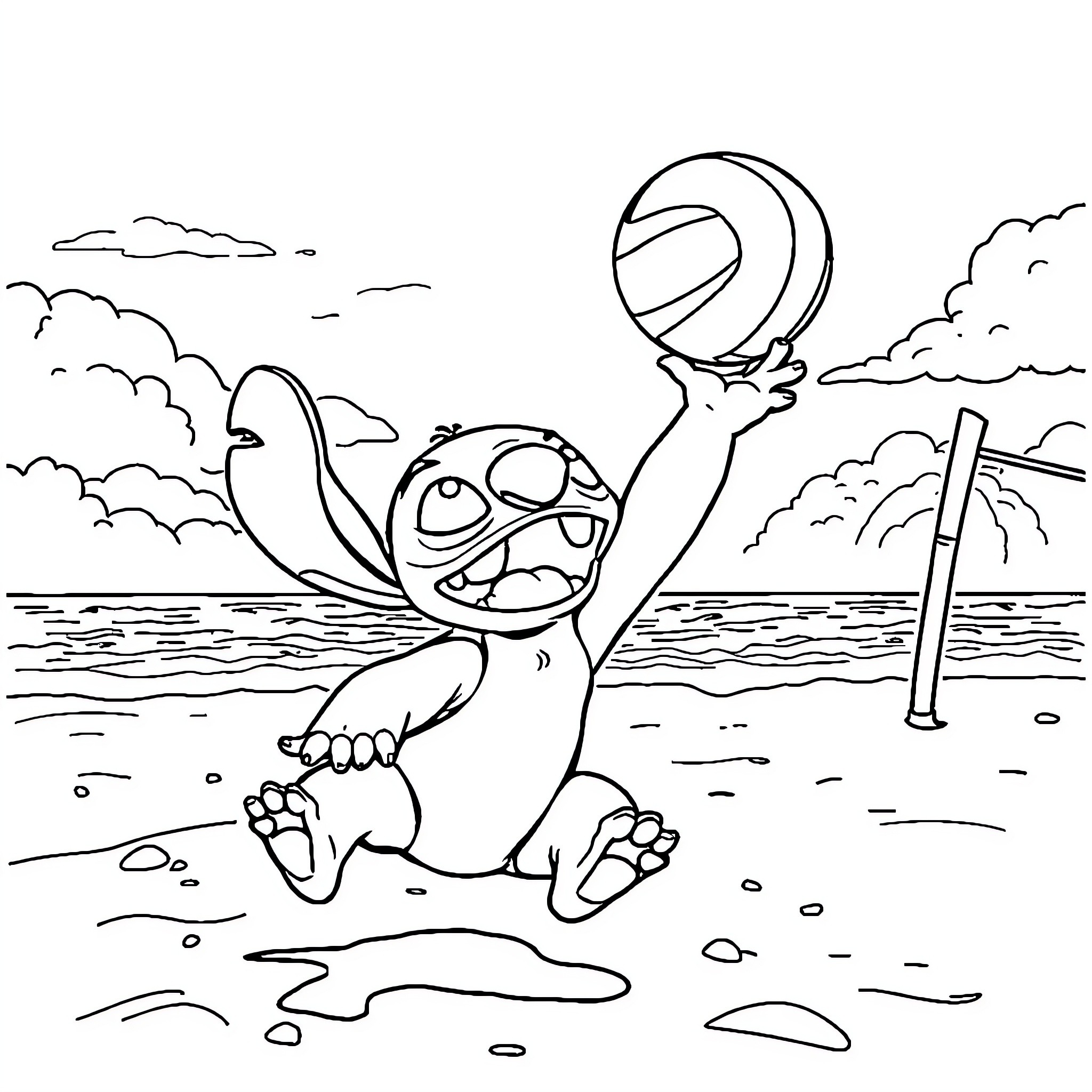 Stitch playing joyfully with a volleyball on the beach Coloring Page (free black-and-white line drawing printable PDF for all, from beginners to advanced learners, including children, teens, adults, and seniors)