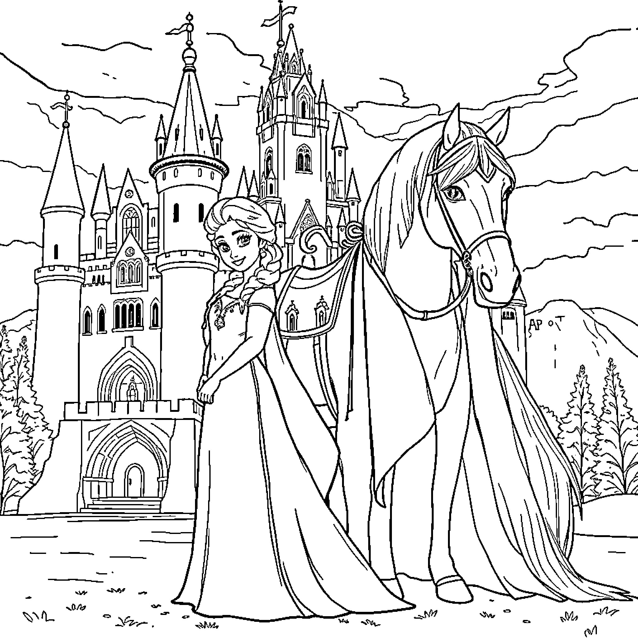 Princess rides majestically through the castle grounds Coloring Page (free black-and-white line drawing printable PDF for all, from beginners to advanced learners, including children, teens, adults, and seniors)