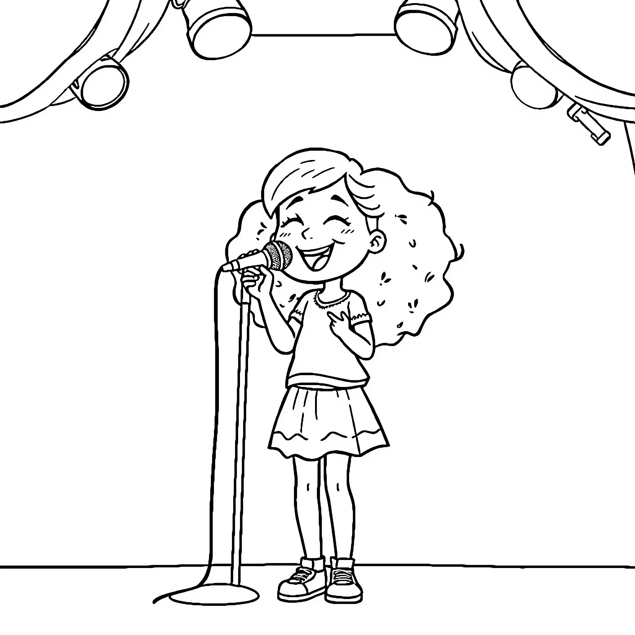 Girl singing joyfully on stage Coloring Page (free black-and-white line drawing printable PDF for all, from beginners to advanced learners, including children, teens, adults, and seniors)