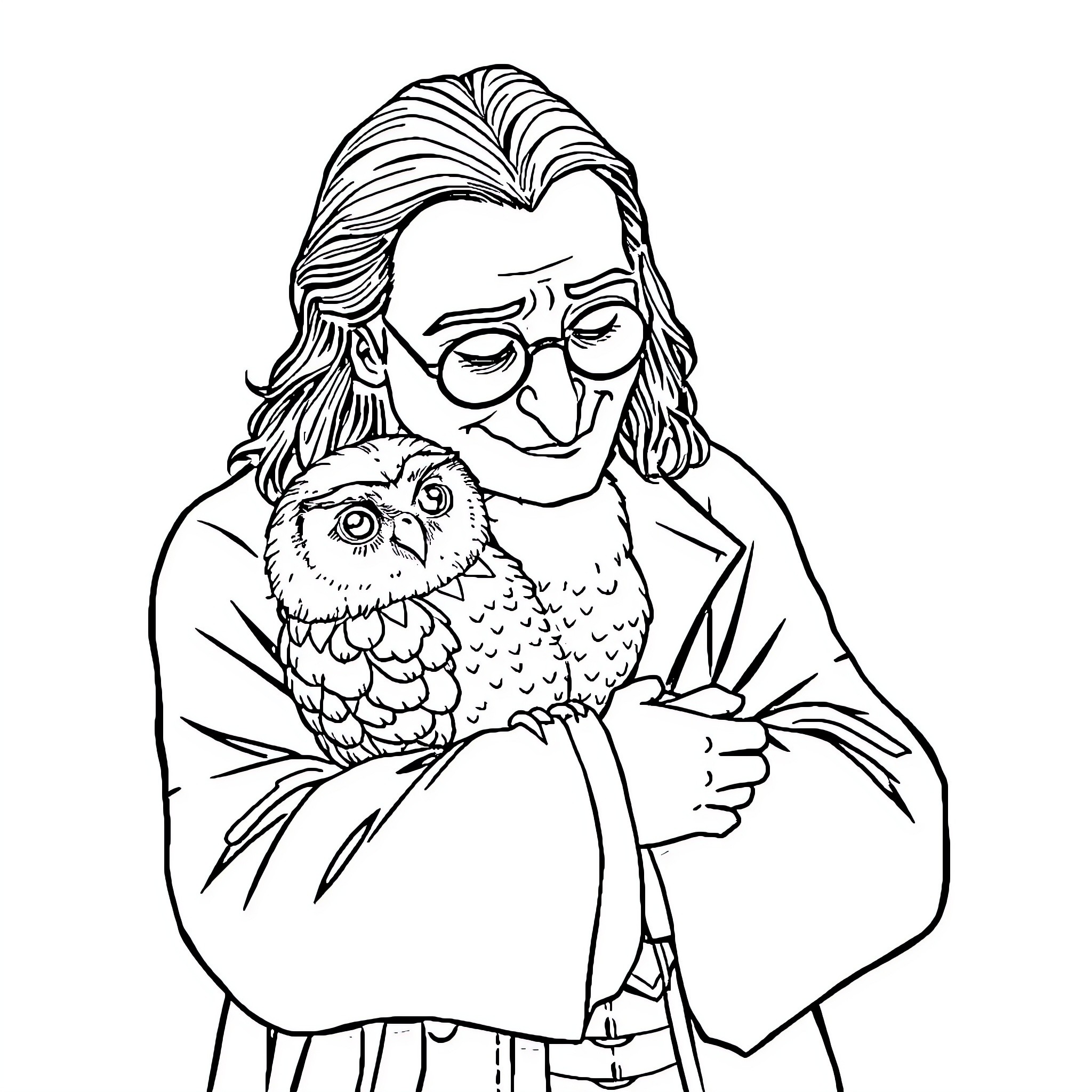 Professor Snape holding a pet owl Coloring Page (free black-and-white line drawing printable PDF for all, from beginners to advanced learners, including children, teens, adults, and seniors)