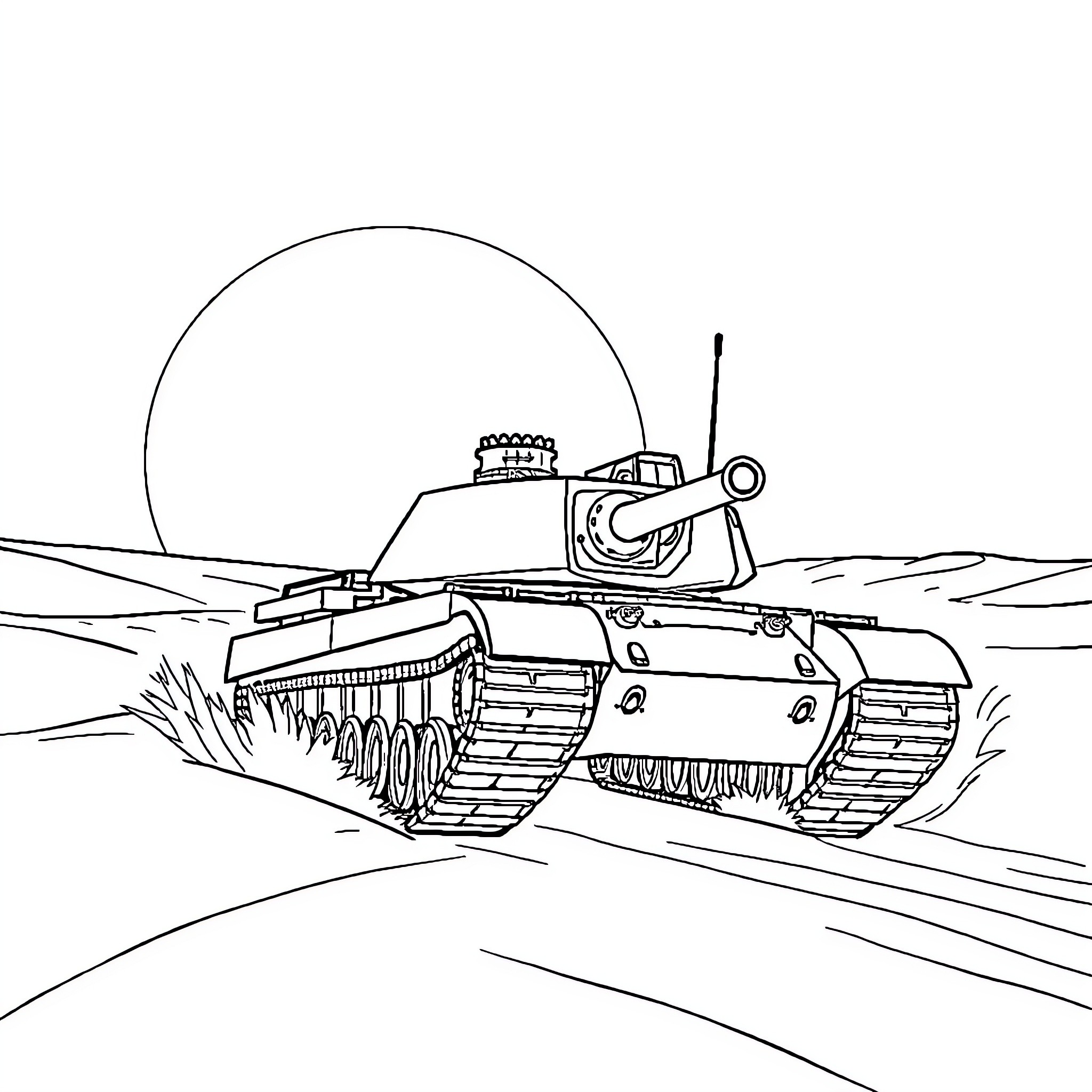 Tank Navigating Rugged Terrain Coloring Page (free black-and-white line drawing printable PDF for all, from beginners to advanced learners, including children, teens, adults, and seniors)