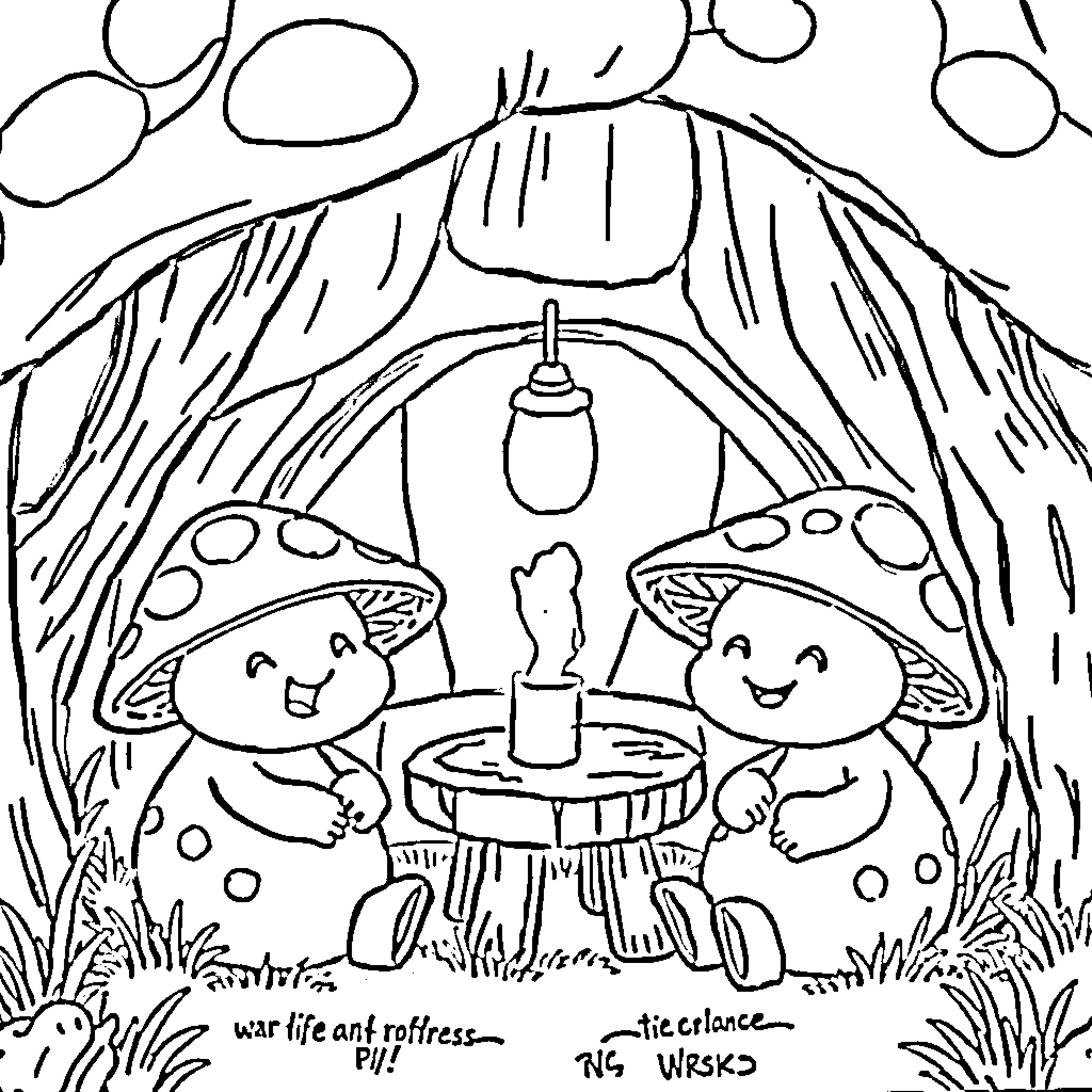 Mushroom friends enjoying a cozy evening Coloring Page (free black-and-white line drawing printable PDF for all, from beginners to advanced learners, including children, teens, adults, and seniors)