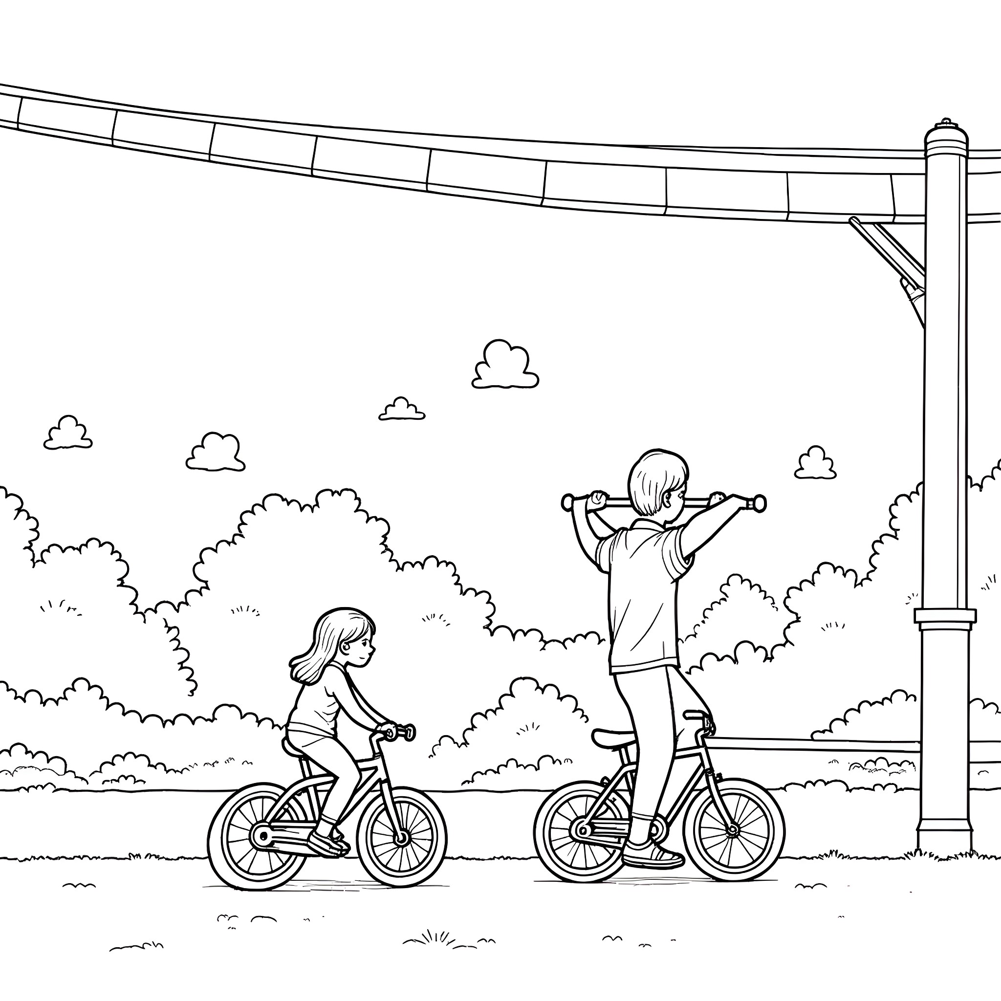 Bike riding on the path under the bright sky Coloring Page (free black-and-white line drawing printable PDF for all, from beginners to advanced learners, including children, teens, adults, and seniors)