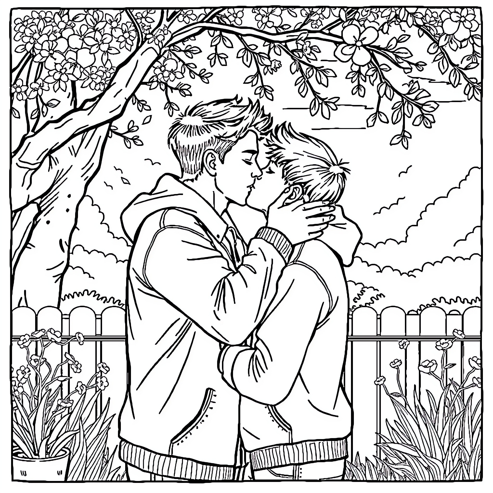 Dude embracing his love under the flowering trees Coloring Page (free black-and-white line drawing printable PDF for all, from beginners to advanced learners, including children, teens, adults, and seniors)