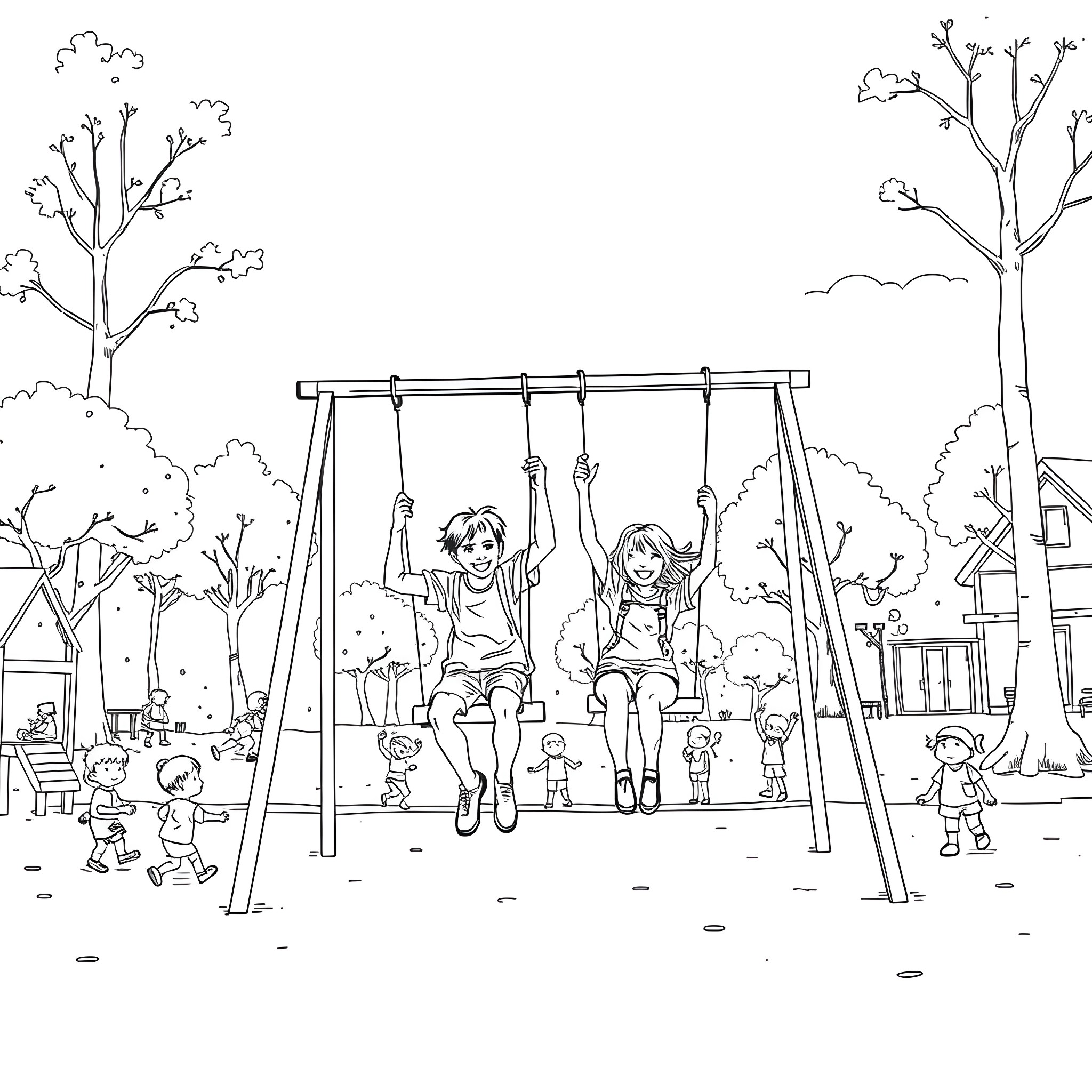 Playground filled with joyful children swinging on a swing set Coloring Page (free black-and-white line drawing printable PDF for all, from beginners to advanced learners, including children, teens, adults, and seniors)