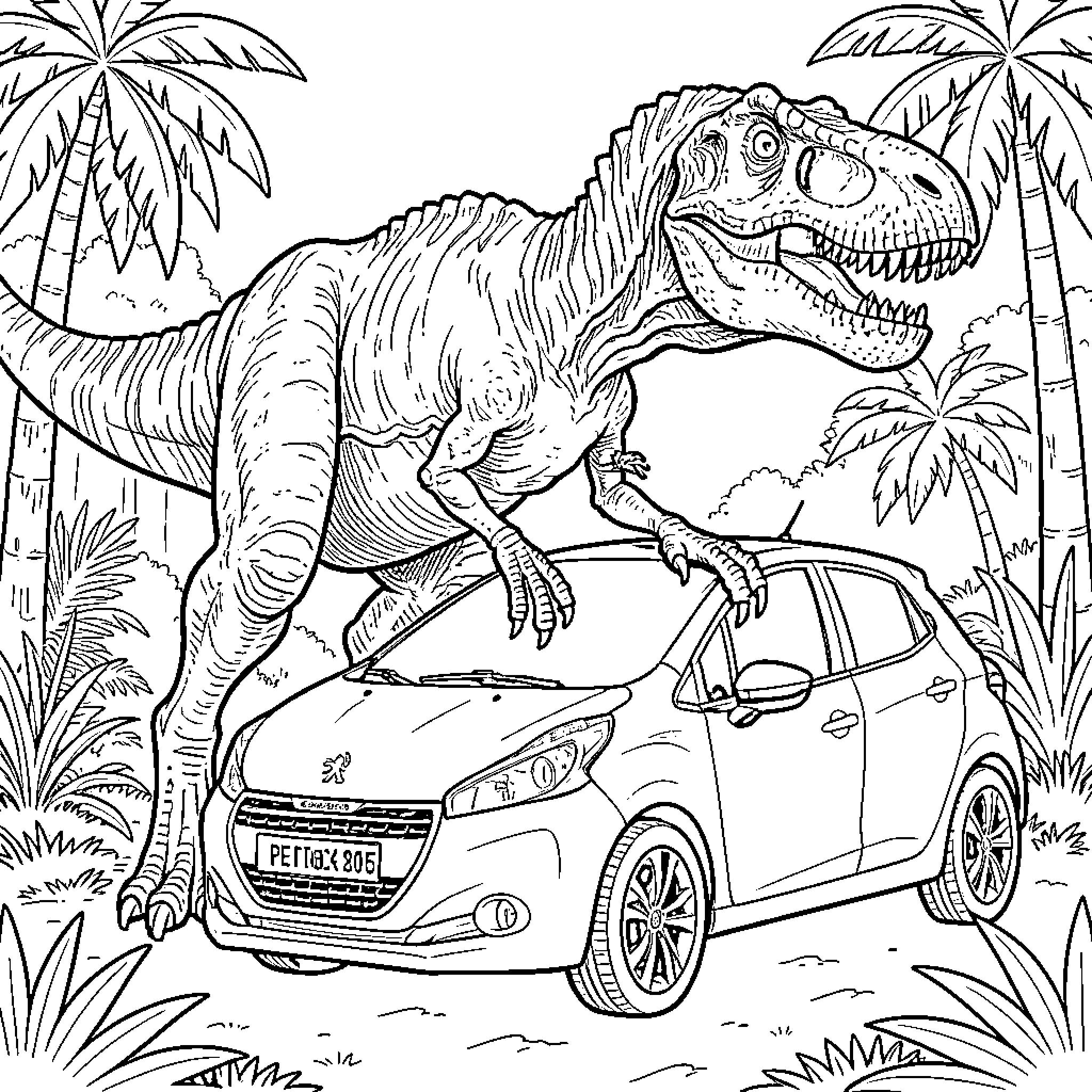 T-Rex standing over a small car in a jungle Coloring Page (free black-and-white line drawing printable PDF for all, from beginners to advanced learners, including children, teens, adults, and seniors)