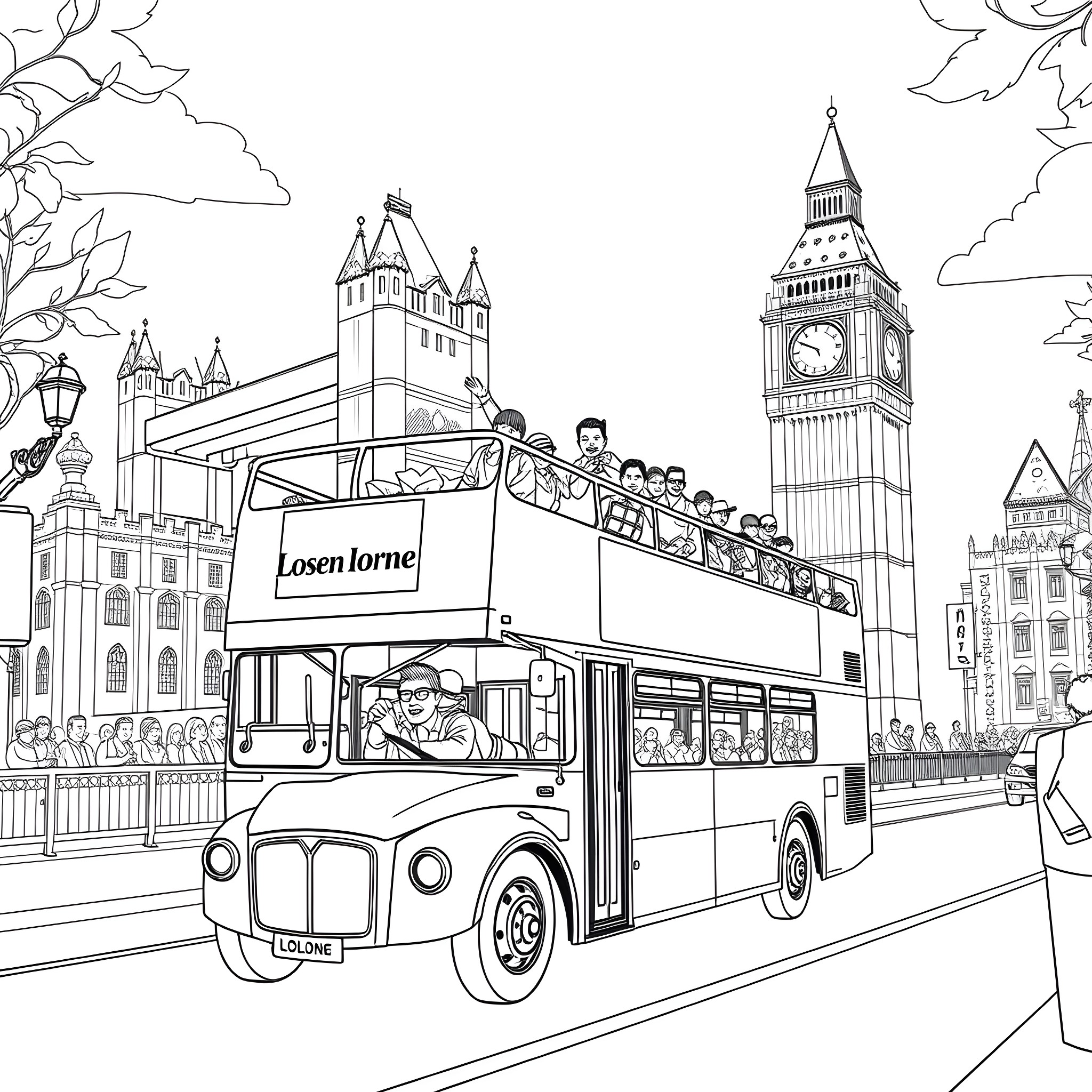 Bus carrying passengers past famous landmarks in the city Coloring Page (free black-and-white line drawing printable PDF for all, from beginners to advanced learners, including children, teens, adults, and seniors)