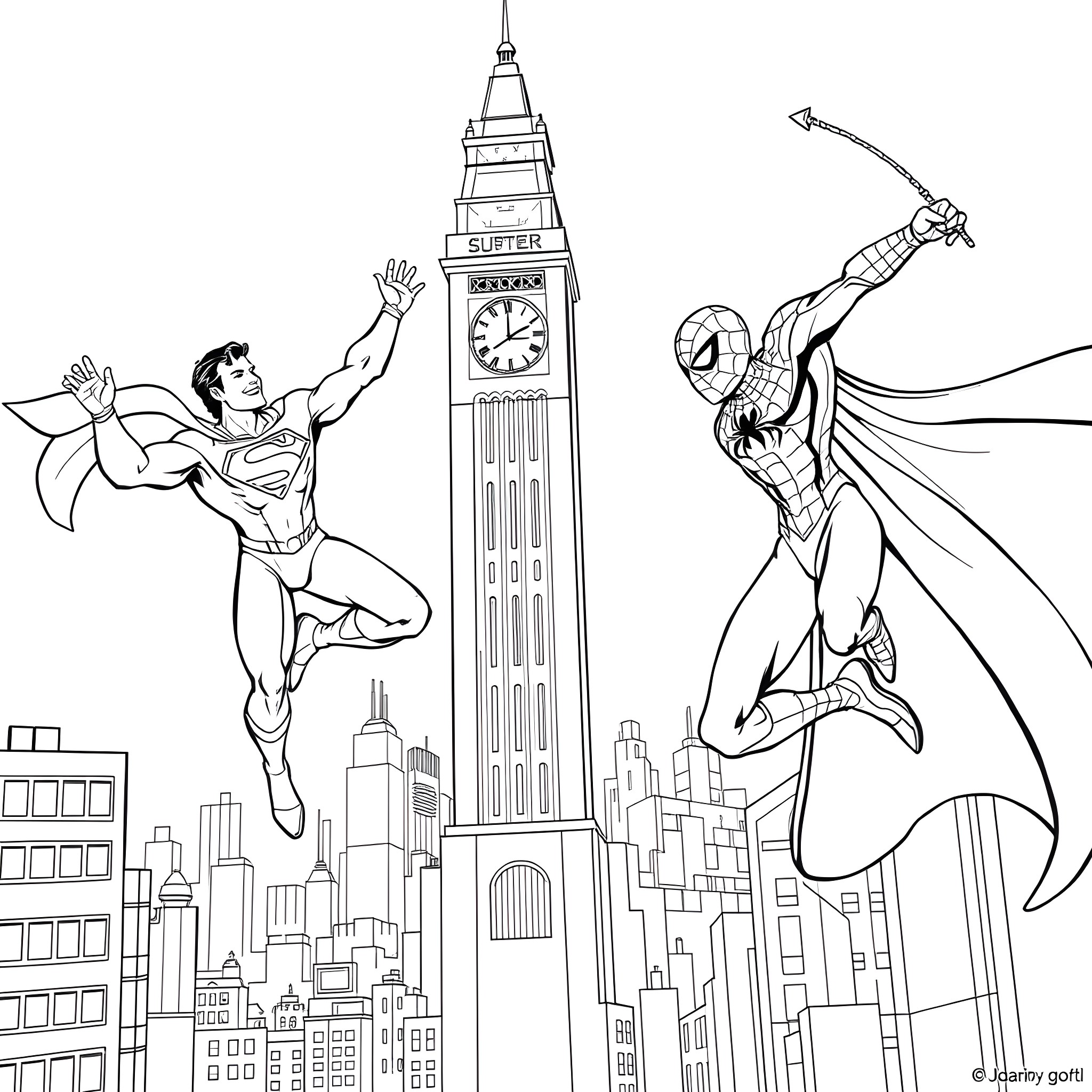 Superman and Spider-Man Heroic Action in the City Coloring Page (free black-and-white line drawing printable PDF for all, from beginners to advanced learners, including children, teens, adults, and seniors)