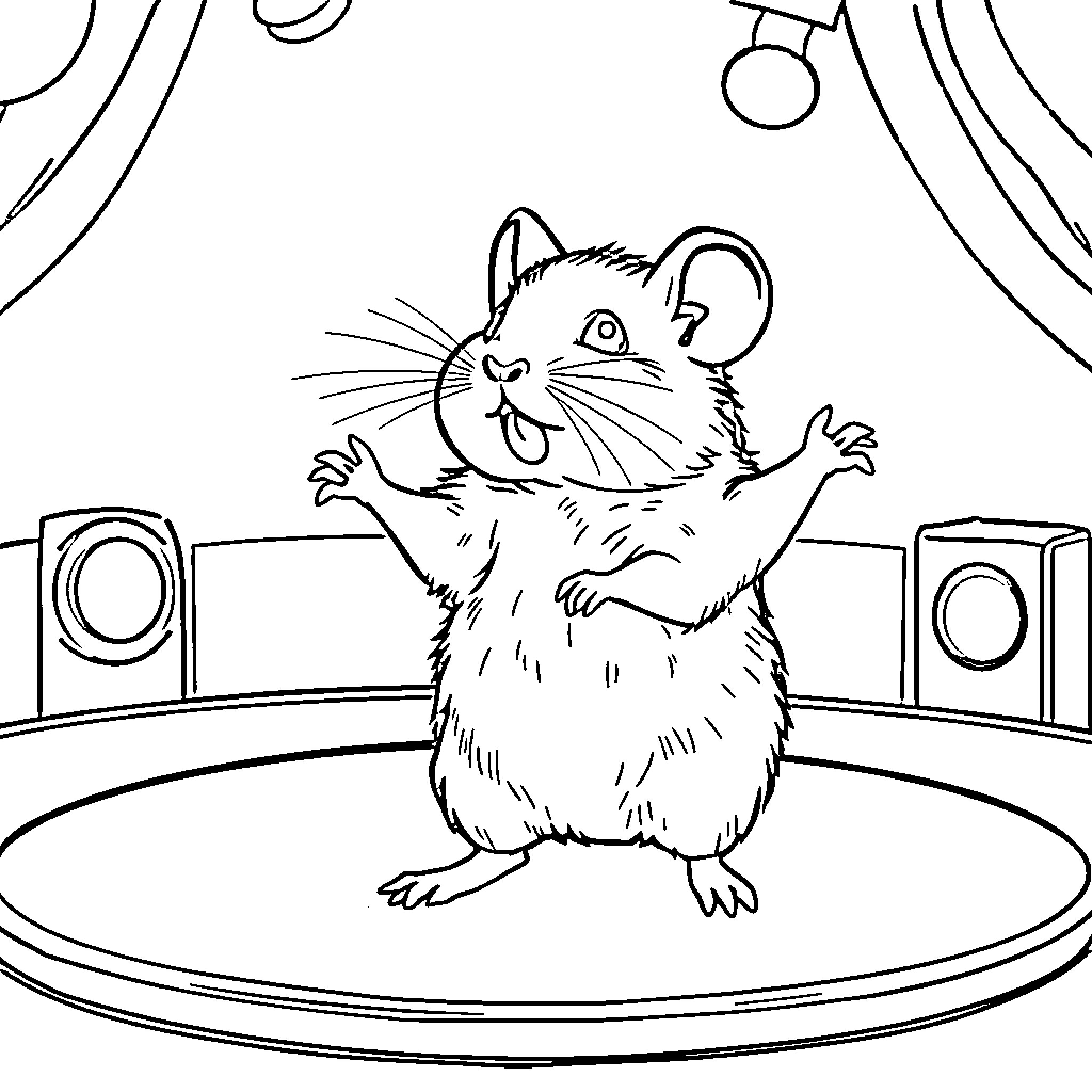 Hamster performing on stage with speakers Coloring Page (free black-and-white line drawing printable PDF for all, from beginners to advanced learners, including children, teens, adults, and seniors)