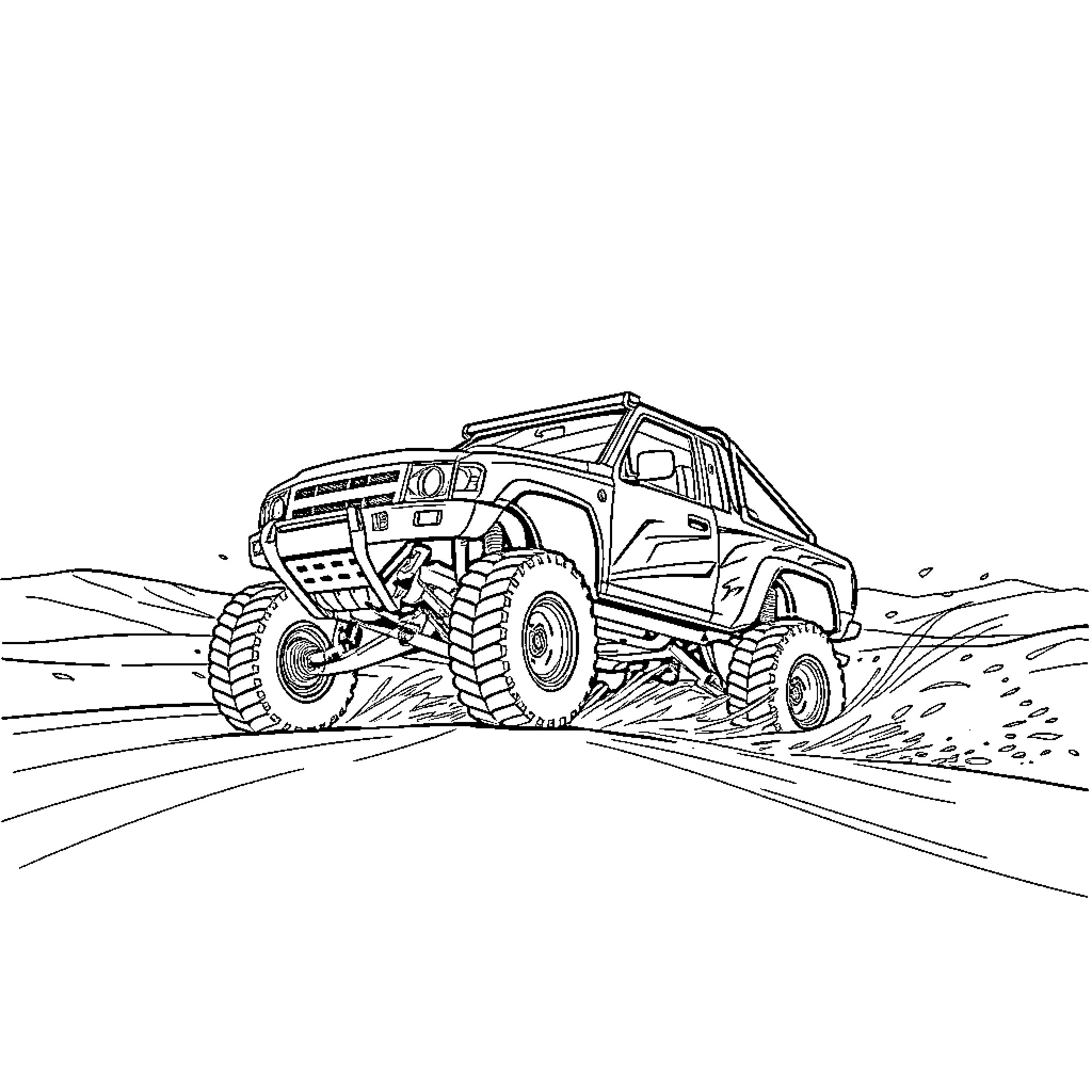 Trophy Truck Navigating Rugged Terrain Coloring Page (free black-and-white line drawing printable PDF for all, from beginners to advanced learners, including children, teens, adults, and seniors)