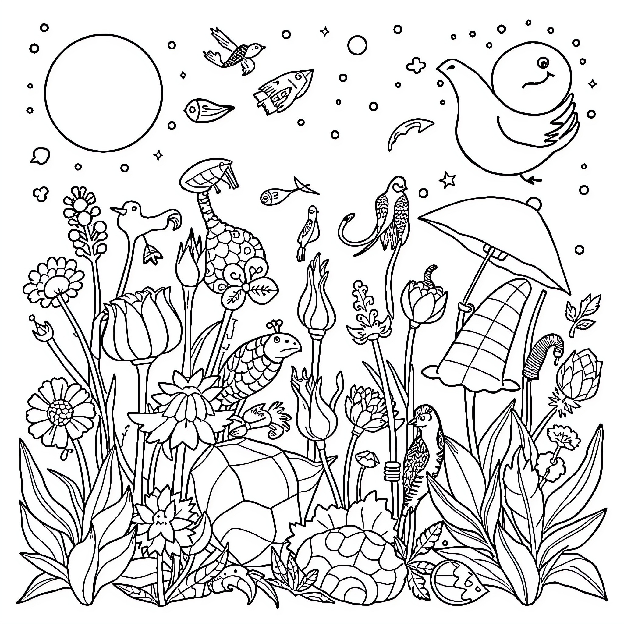 Literary Device: Whimsical Floral and Fauna Scene Coloring Page (free black-and-white line drawing printable PDF for all, from beginners to advanced learners, including children, teens, adults, and seniors)