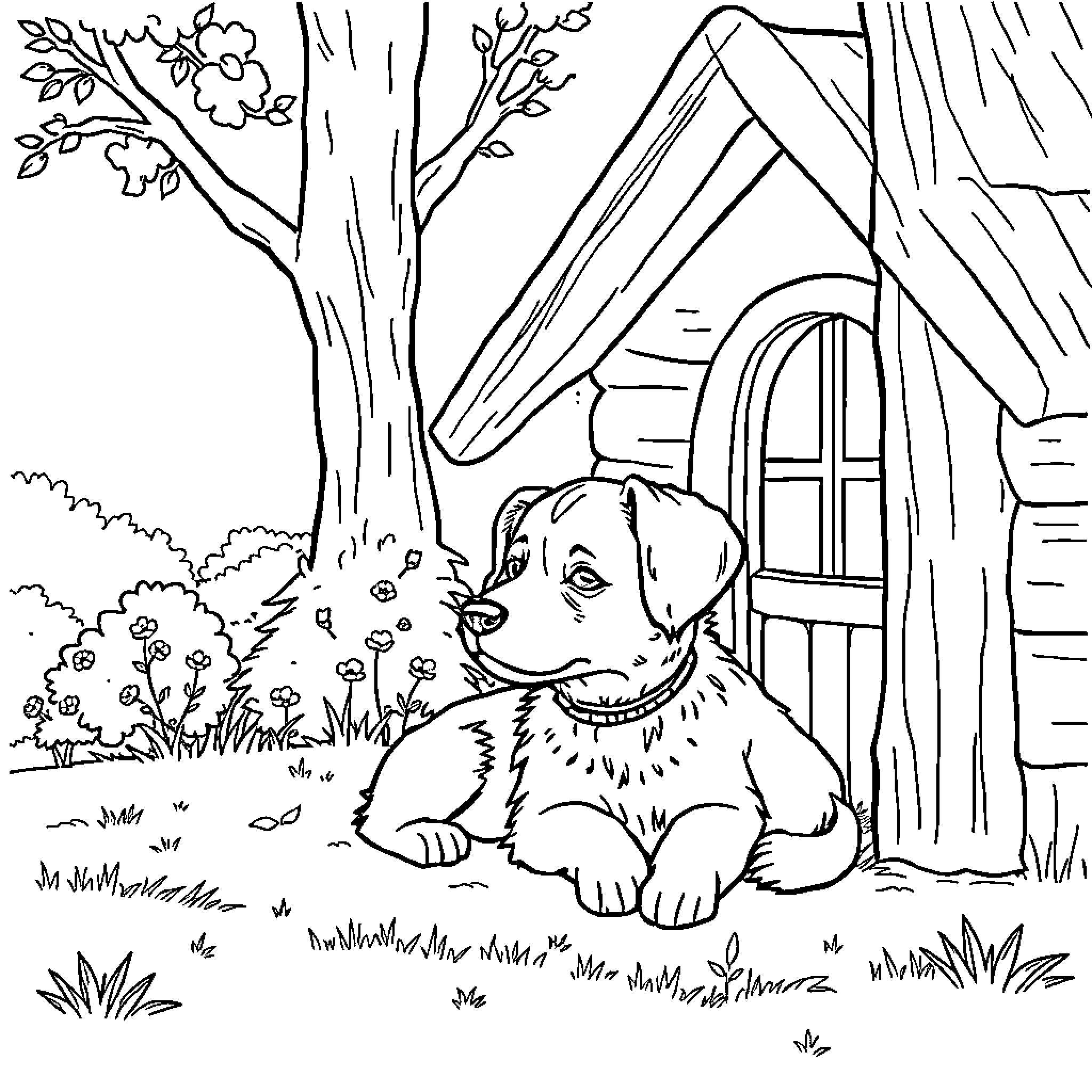 Dog enjoying the scenery outside a cottage Coloring Page (free black-and-white line drawing printable PDF for all, from beginners to advanced learners, including children, teens, adults, and seniors)