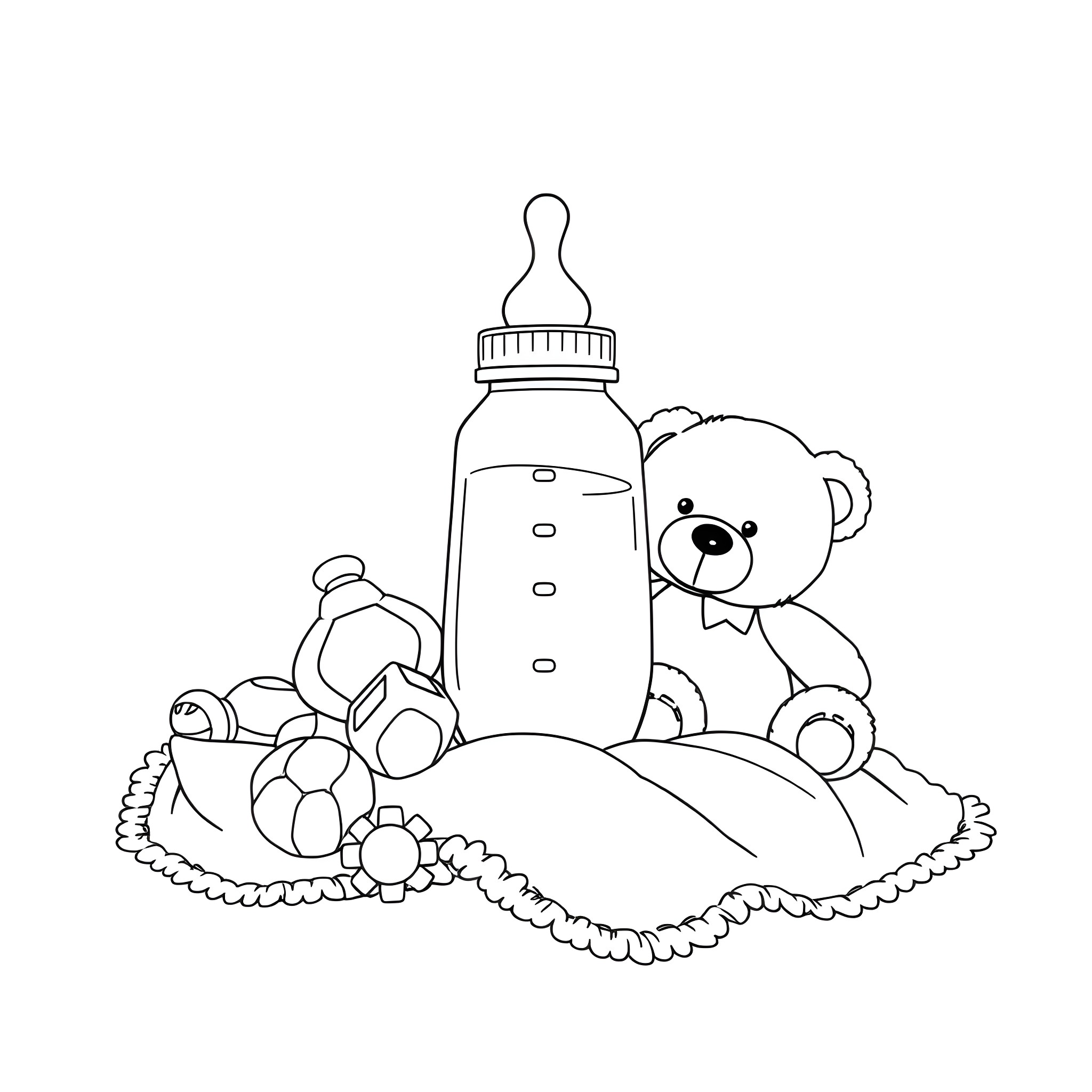 Baby Bottle and Plush Toys on Soft Cushion Coloring Page (free black-and-white line drawing printable PDF for all, from beginners to advanced learners, including children, teens, adults, and seniors)