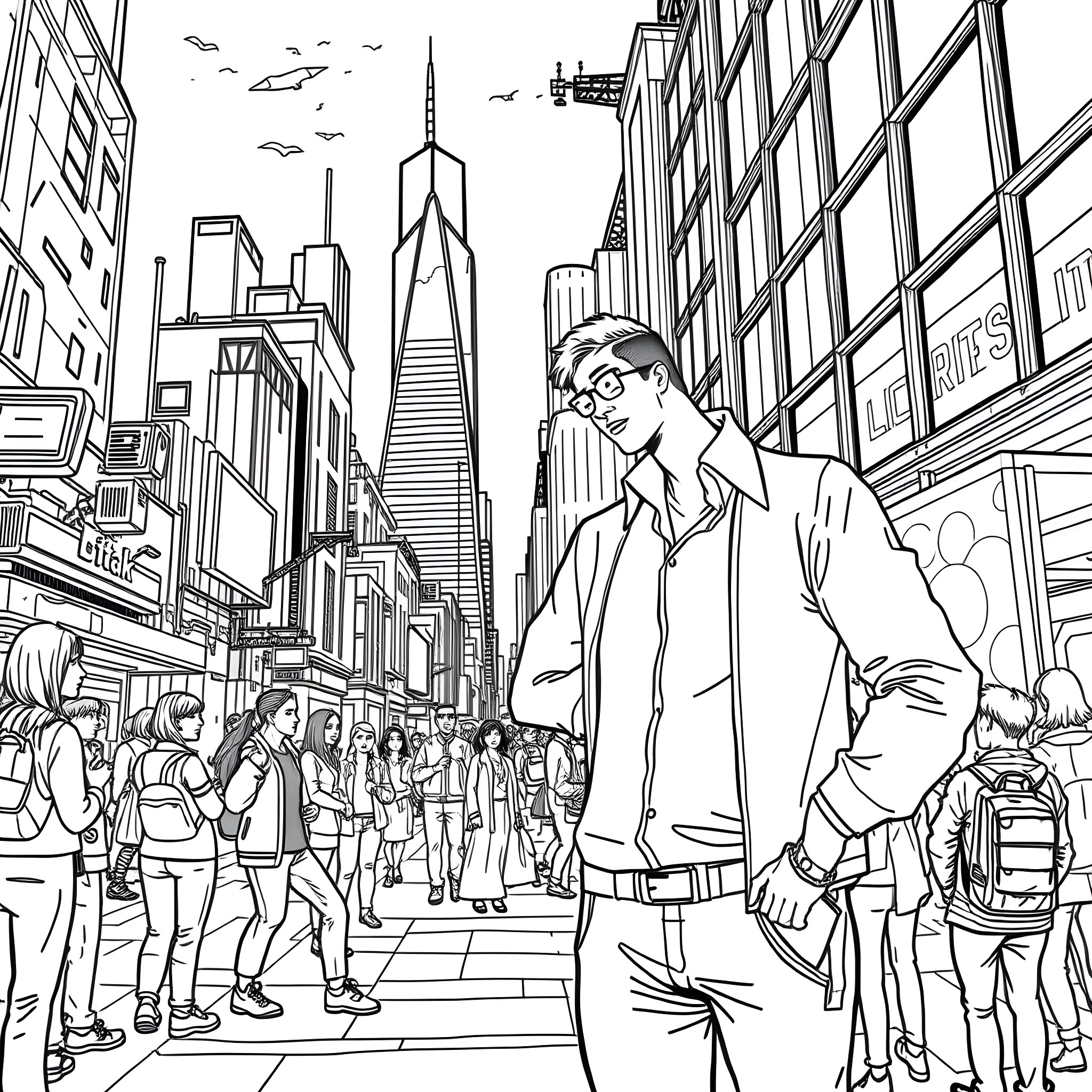 Iztok Gartner's busy city street scene with skyscrapers Coloring Page (free black-and-white line drawing printable PDF for all, from beginners to advanced learners, including children, teens, adults, and seniors)