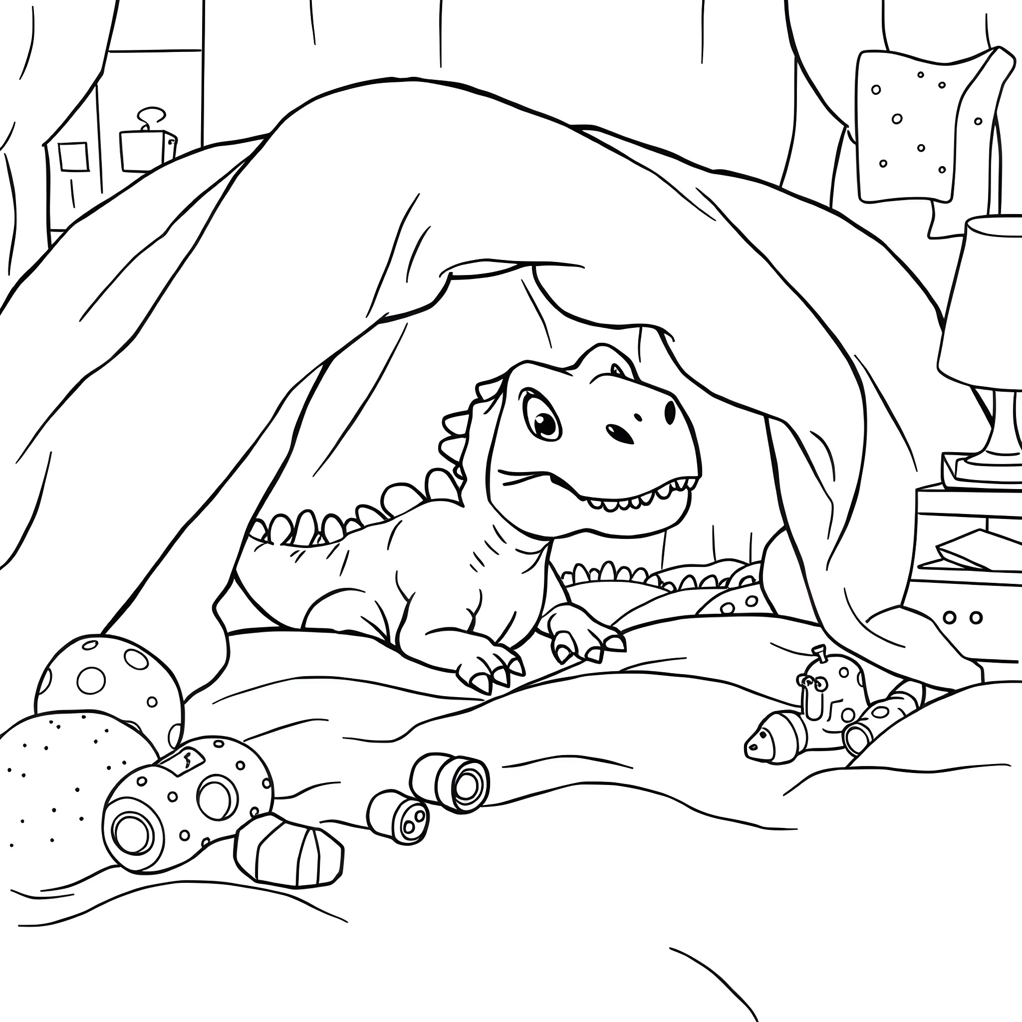 Dinosaur Peeking from Tent in the Bedroom Coloring Page (free black-and-white line drawing printable PDF for all, from beginners to advanced learners, including children, teens, adults, and seniors)