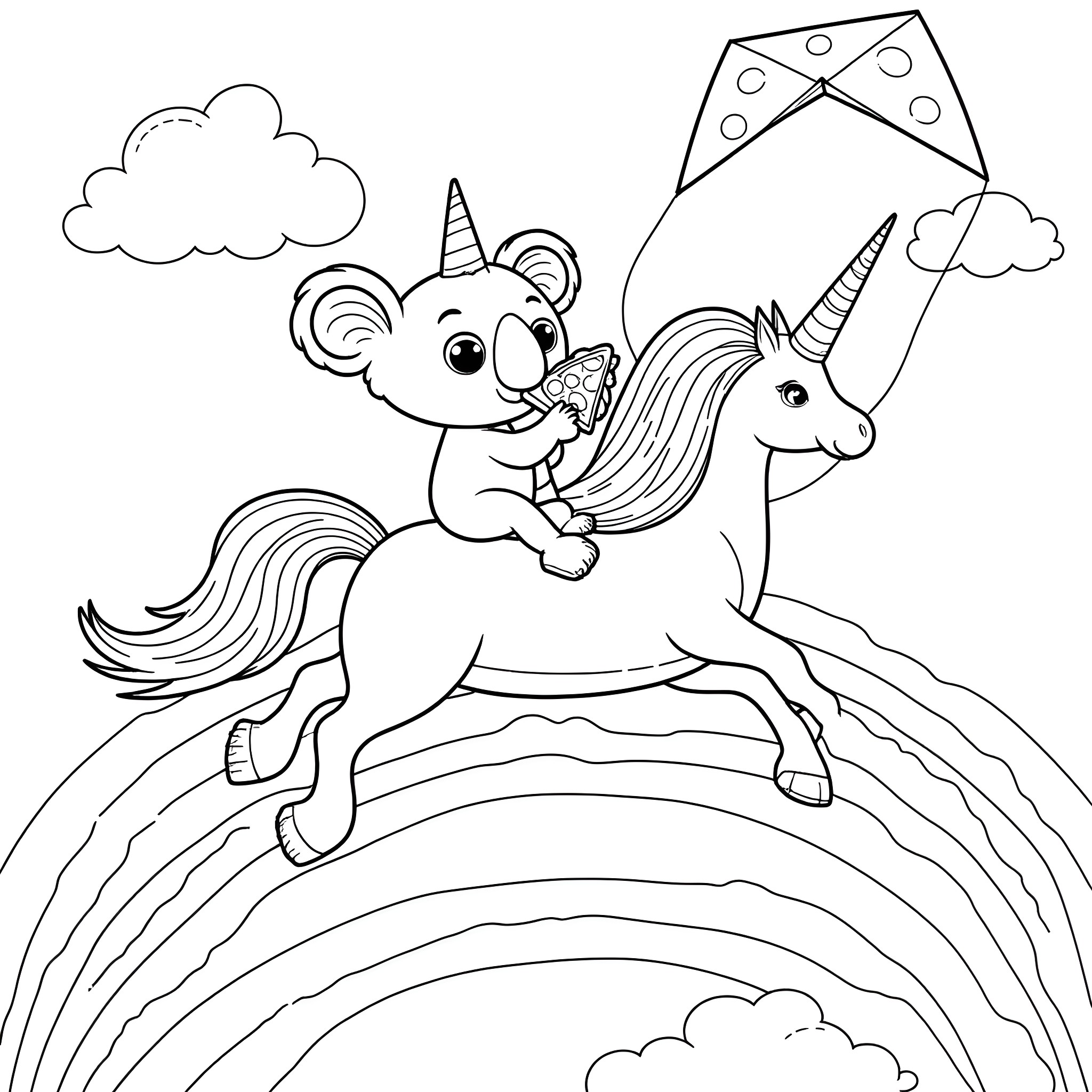 Koala riding a unicorn and flying a kite in the sky Coloring Page (free black-and-white line drawing printable PDF for all, from beginners to advanced learners, including children, teens, adults, and seniors)