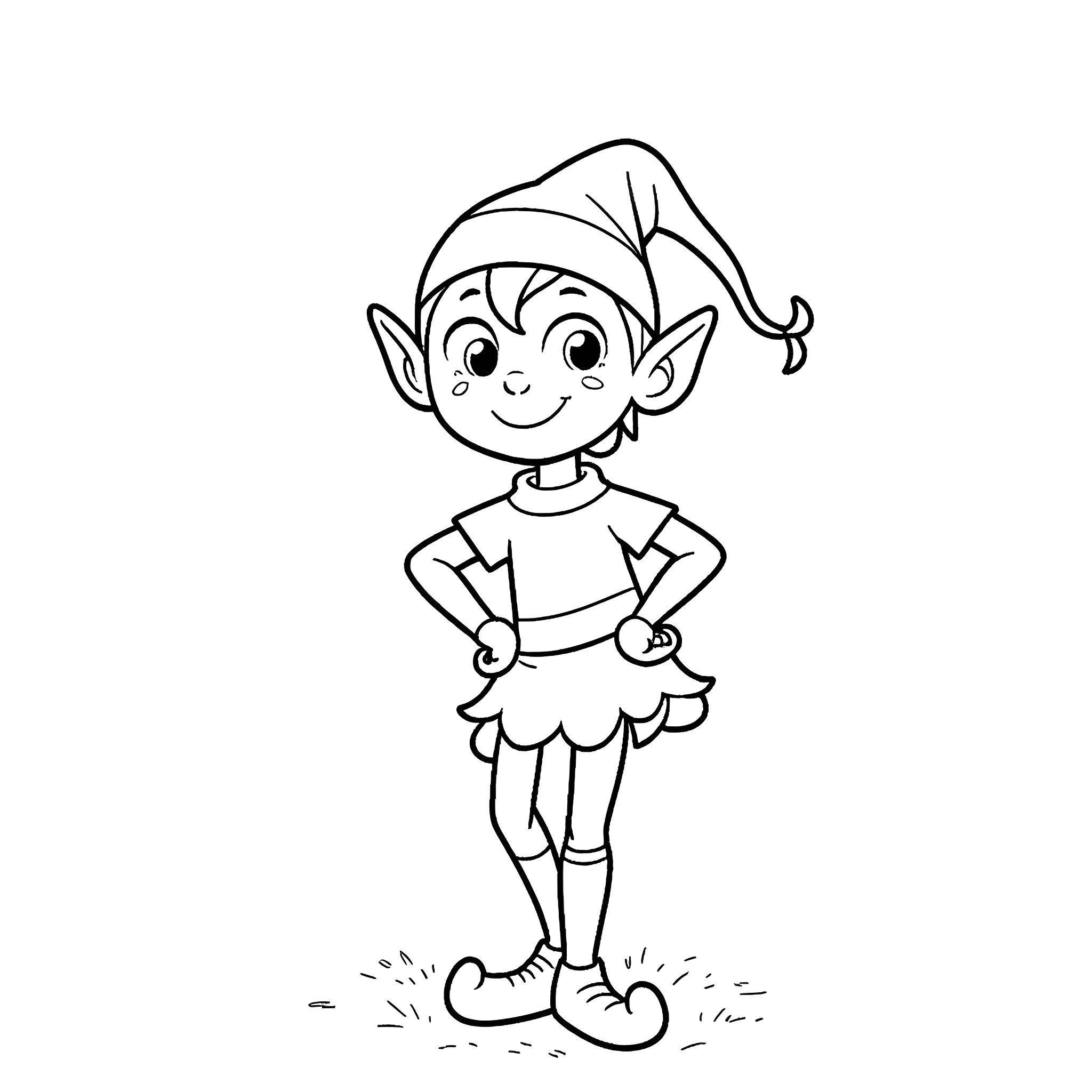 Elf in playful stance with festive outfit Coloring Page (free black-and-white line drawing printable PDF for all, from beginners to advanced learners, including children, teens, adults, and seniors)