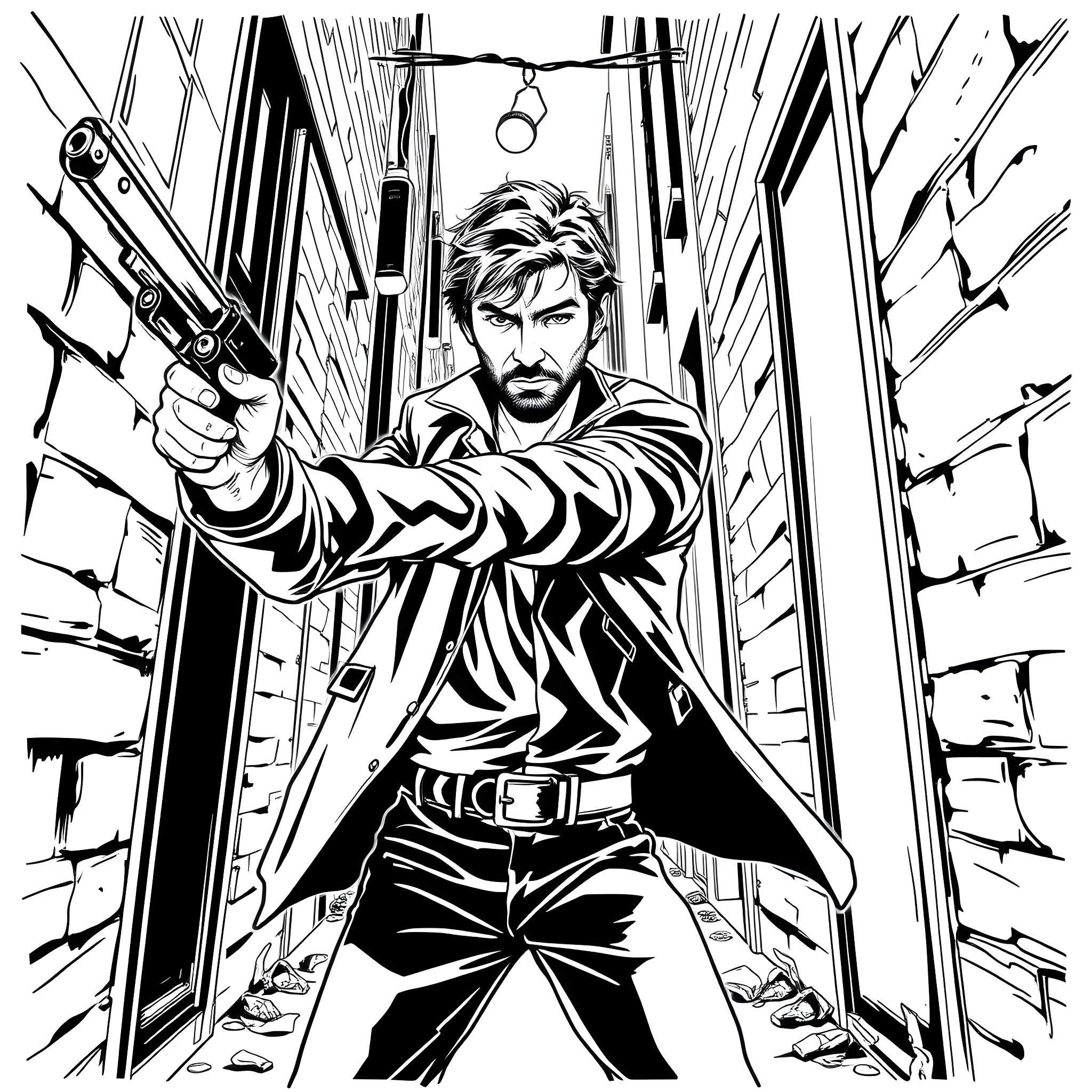 Dean Winchester in action-packed scene with gun drawn Coloring Page (free black-and-white line drawing printable PDF for all, from beginners to advanced learners, including children, teens, adults, and seniors)