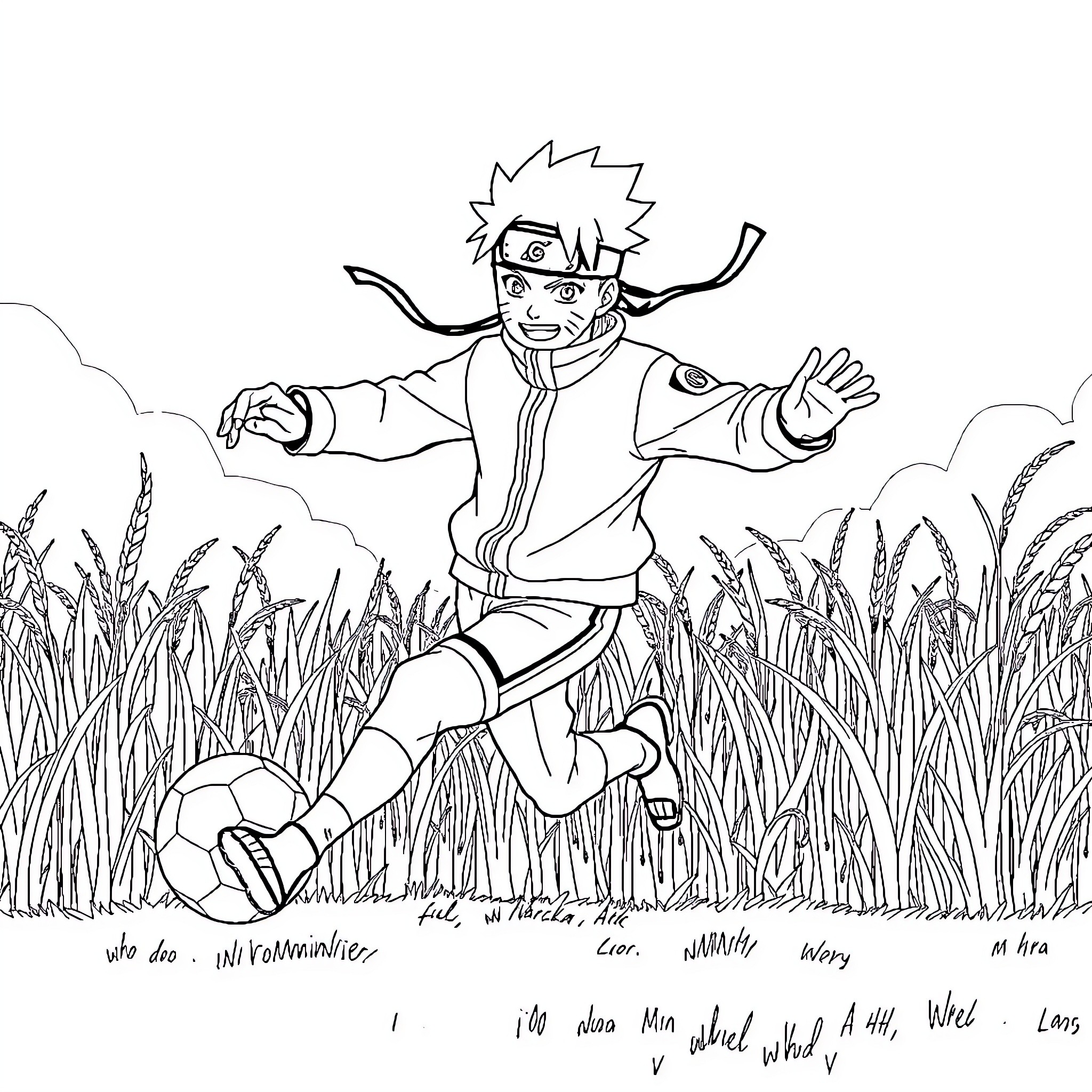 Naruto running enthusiastically through the grass Coloring Page (free black-and-white line drawing printable PDF for all, from beginners to advanced learners, including children, teens, adults, and seniors)