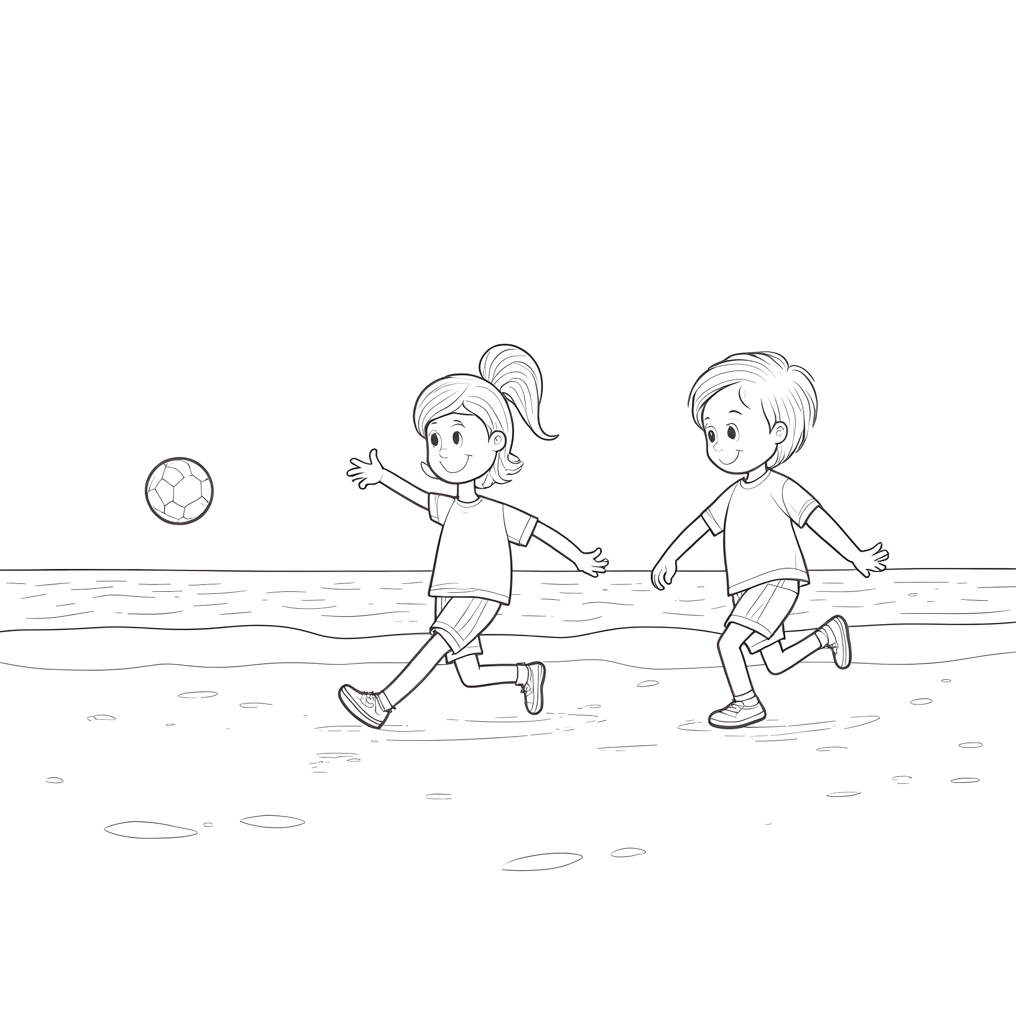 Child Playing with Ball Outdoors Coloring Page (free black-and-white line drawing printable PDF for all, from beginners to advanced learners, including children, teens, adults, and seniors)