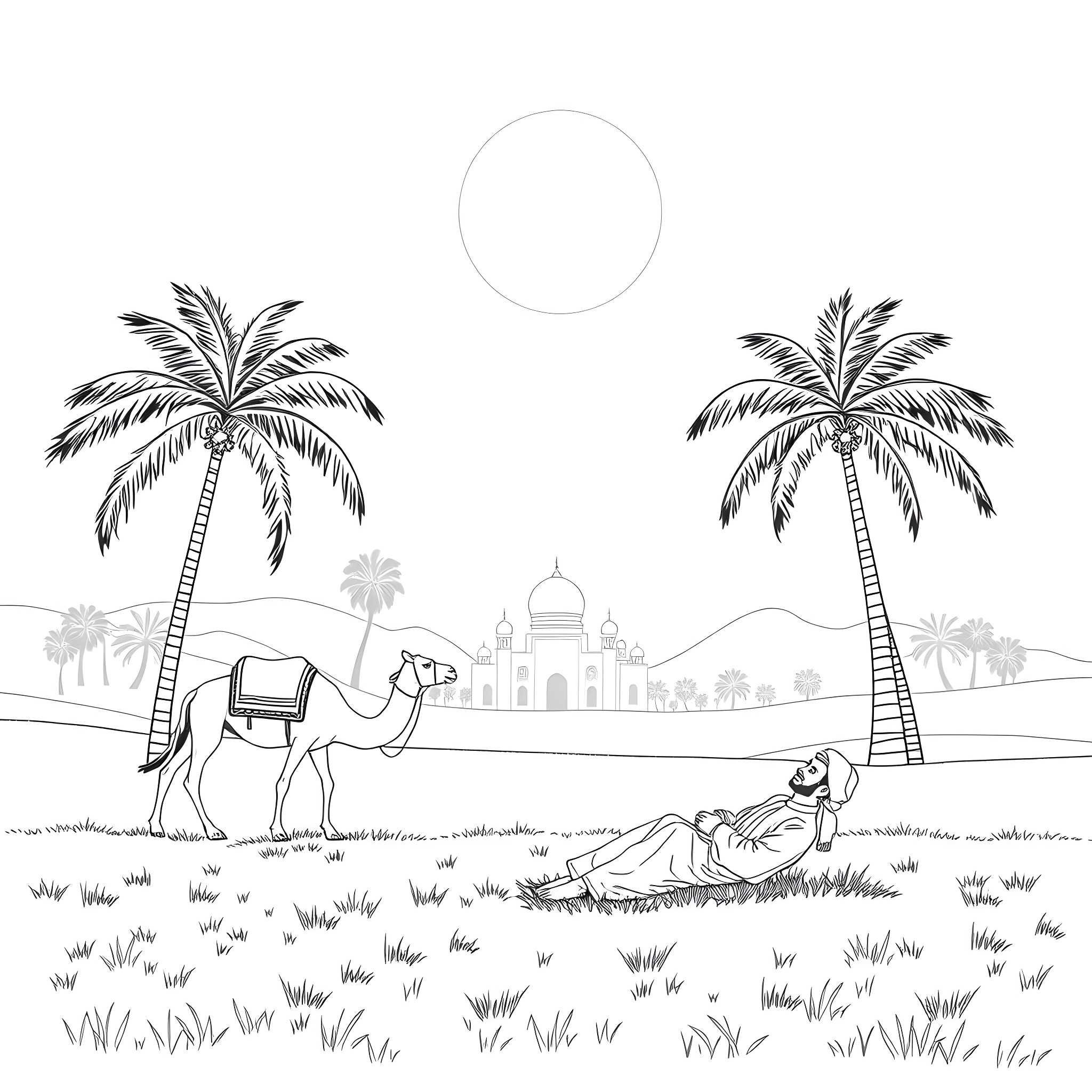 Camel resting near palm trees in desert landscape Coloring Page (free black-and-white line drawing printable PDF for all, from beginners to advanced learners, including children, teens, adults, and seniors)