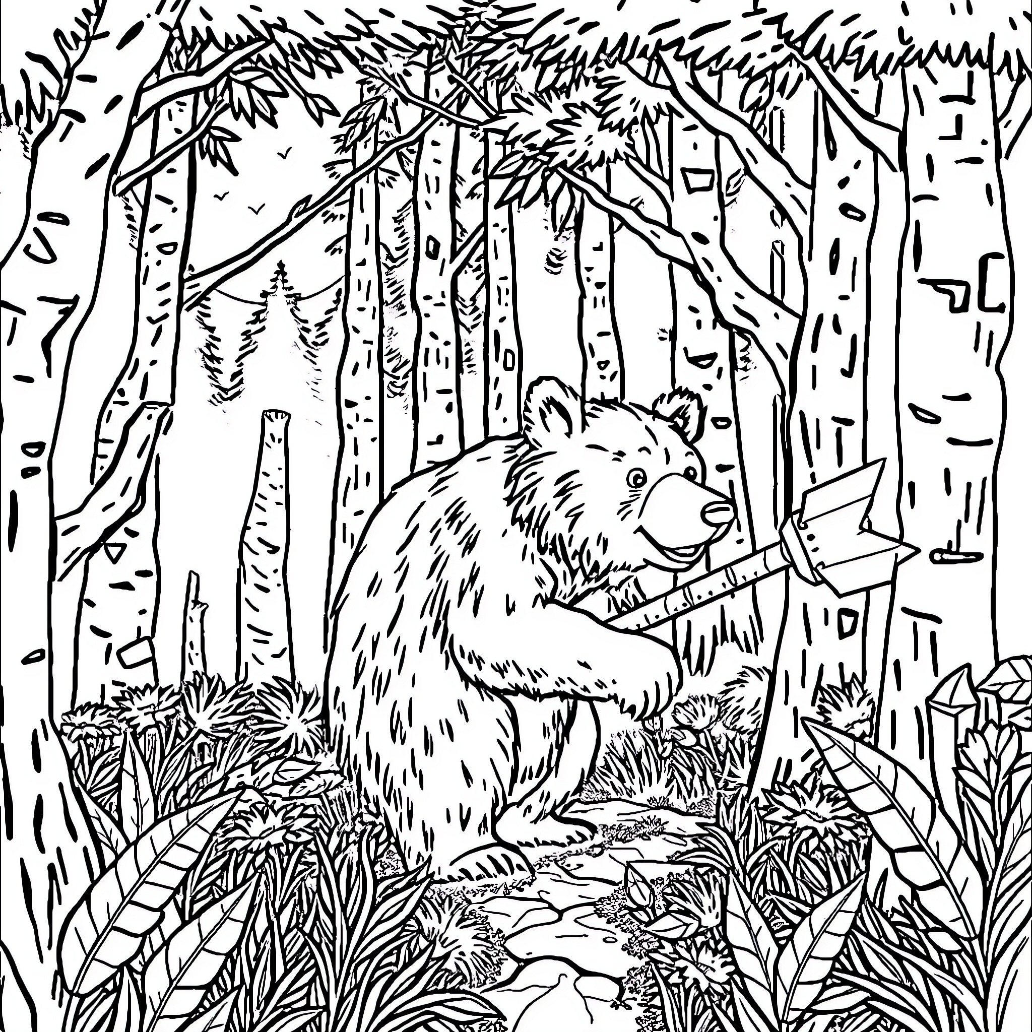 Bear exploring the forest with a magnifying glass Coloring Page (free black-and-white line drawing printable PDF for all, from beginners to advanced learners, including children, teens, adults, and seniors)