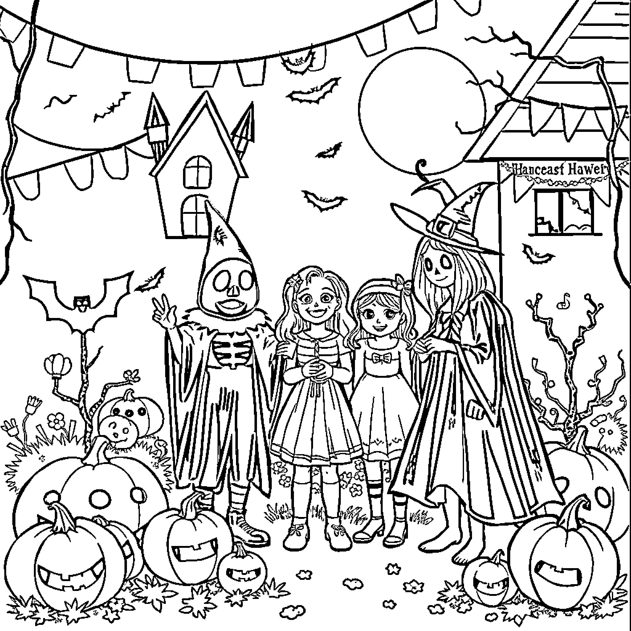 Halloween Trick-or-Treating in a Festive Scene Coloring Page (free black-and-white line drawing printable PDF for all, from beginners to advanced learners, including children, teens, adults, and seniors)